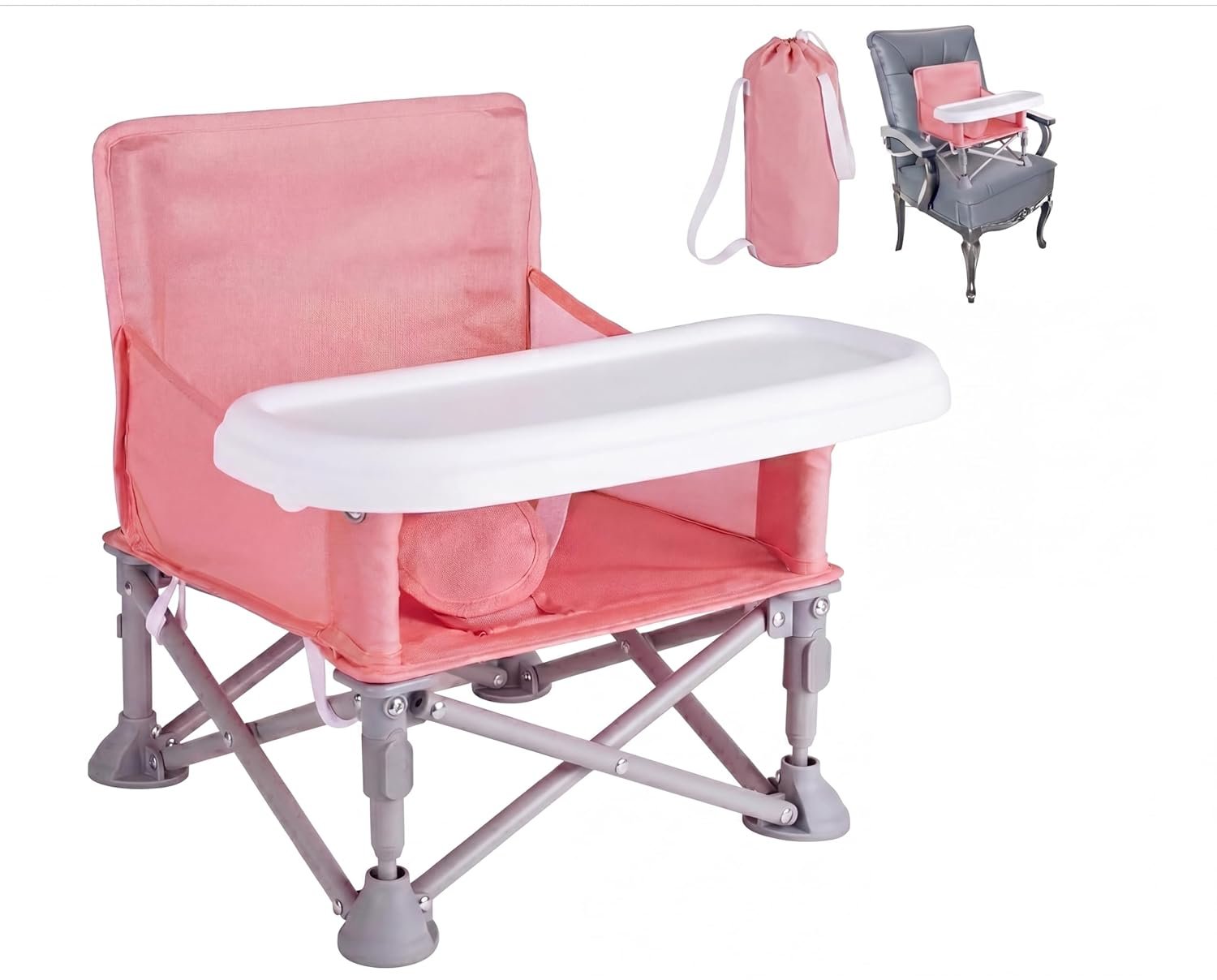 Portable Baby Booster Seat with Tray, Toddler Booster seat for Dining, Camping, Travel, Baby Beach Chair 6 Months to 3 Years Old Indoor Outdoor Use Pink