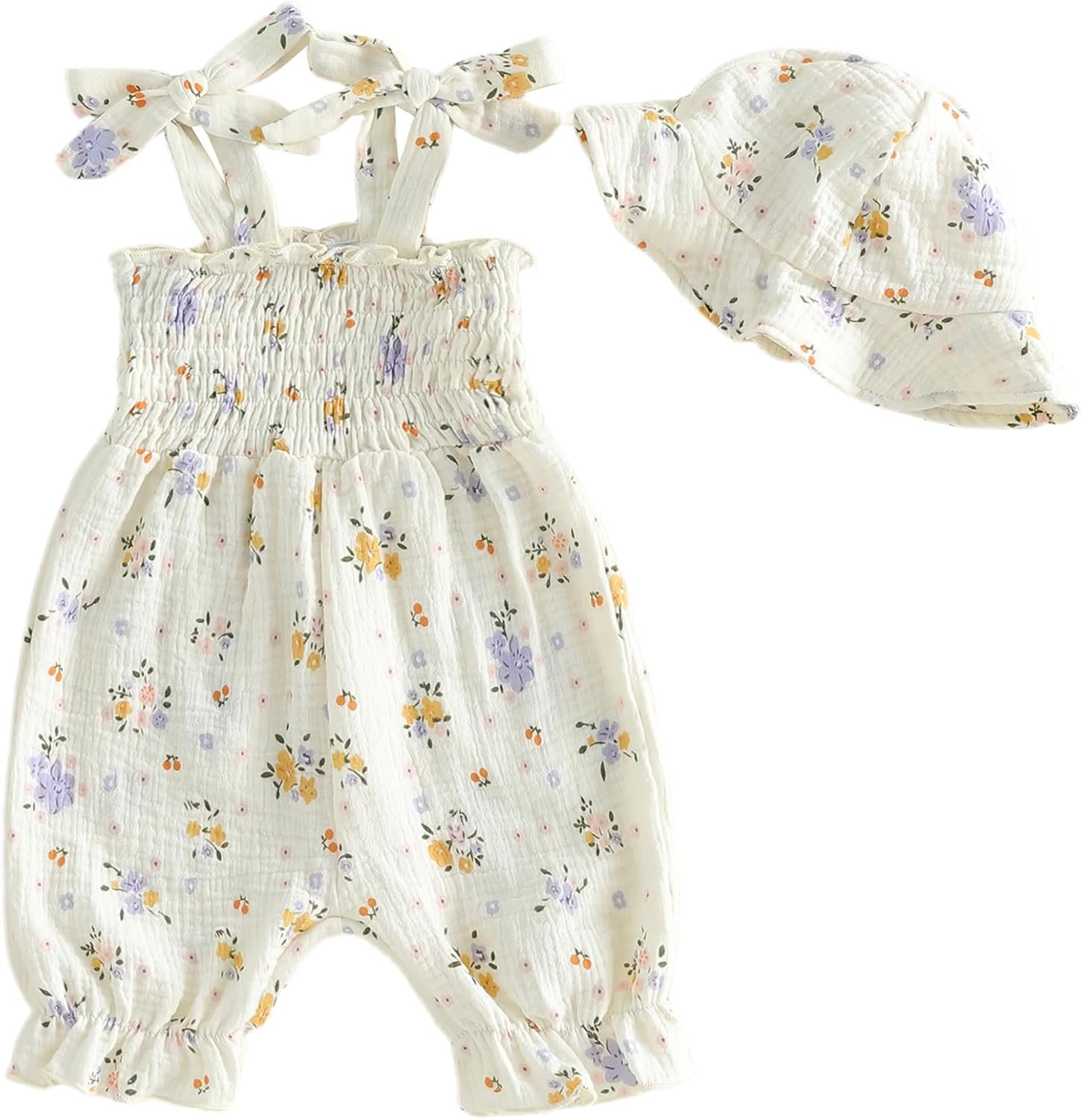 Mubineo Baby Girl Summer Clothes Cute Cotton Linen Romper Jumpsuit Sleeveless Smocked Rompers Sun Hat Comfy Boho Outfits