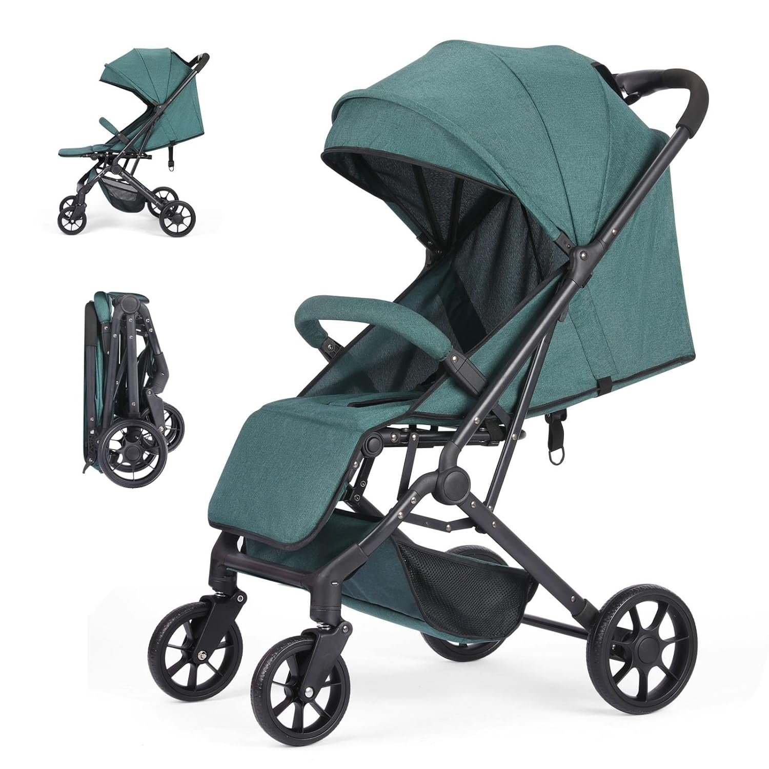 Lightweight Travel Stroller, Compact & Airplane-Friendly for Baby and Toddler, Lie-Flat Seat, One-Hand Fold, Shoulder Strap, Extendable Canopy, Storage Basket, 4 Wheel Suspension (Dark Green)
