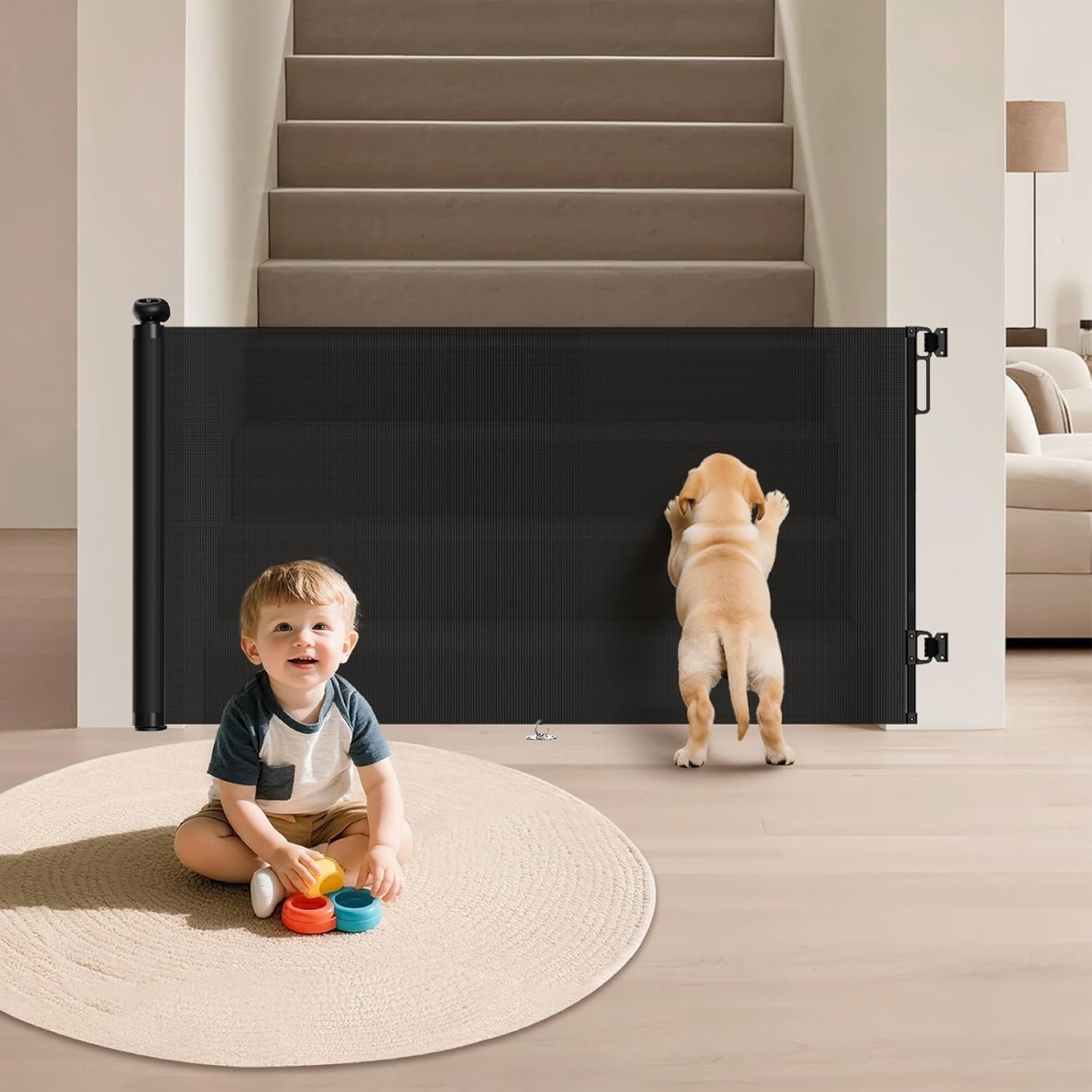 Retractable Baby Gate for Stairs & Doorways, 34″ Tall Extends to 55″ Wide, Mesh Baby & Pet Gate with Anti-Crawling Hook, Safety Gate for Toddlers, Doorways, Hallways, Indoor, Black