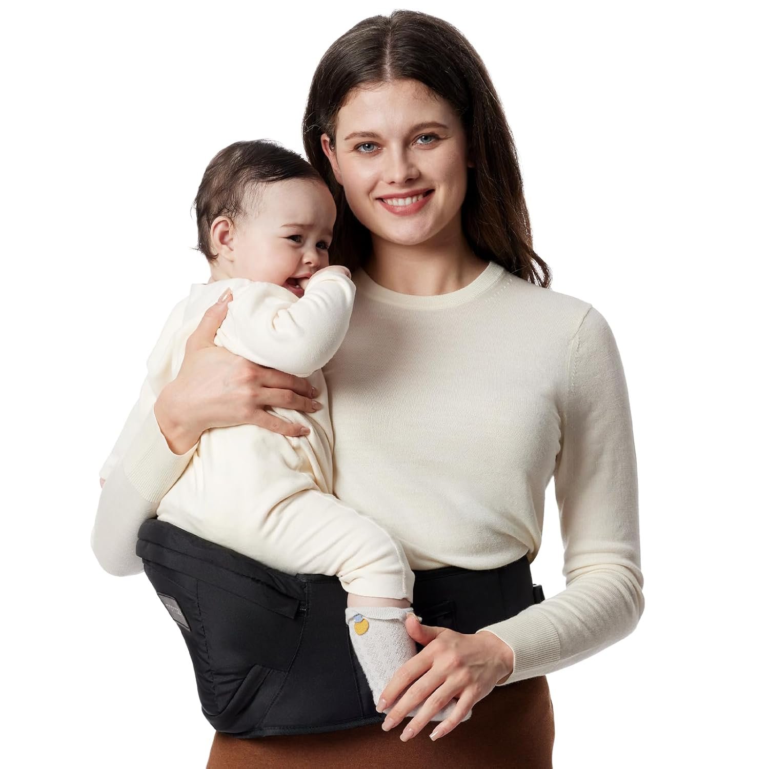 Momcozy Hip Seat Baby Carrier – Adjustable Waistband with Original 3D Belly Protector, Ergonomic Carrier with Various Pockets for Newborns & Toddlers up to 45lbs (Black, Medium)