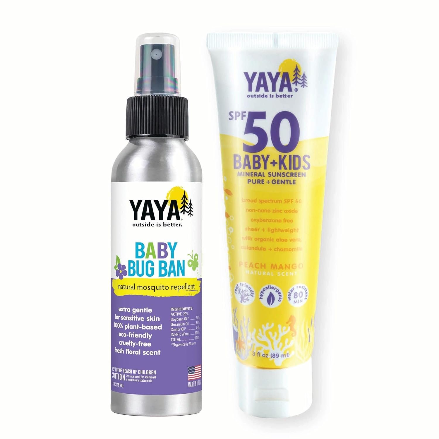 YAYA Organics Sun + Protection Bundle for Baby + Kids | Reef-Friendly SPF 50 Mineral Sunscreen and Deet-Free Bug Ban Natural Repellent Spray | Pure and Gentle | 3 oz / 4 oz