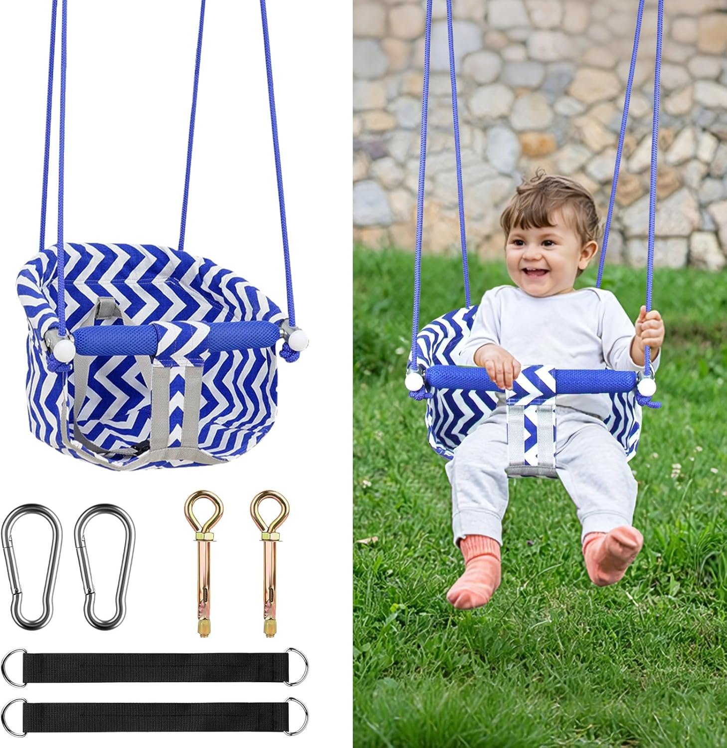 Comfy Toddler Swing Seat, Heavy-Duty Baby Swing, Canvas Hanging Tree Swings | with Adjustable Rope, Safety Harness, Drop-Resistant Design, Easy Installation, for Outdoor Indoor Playground Backyard,Blue