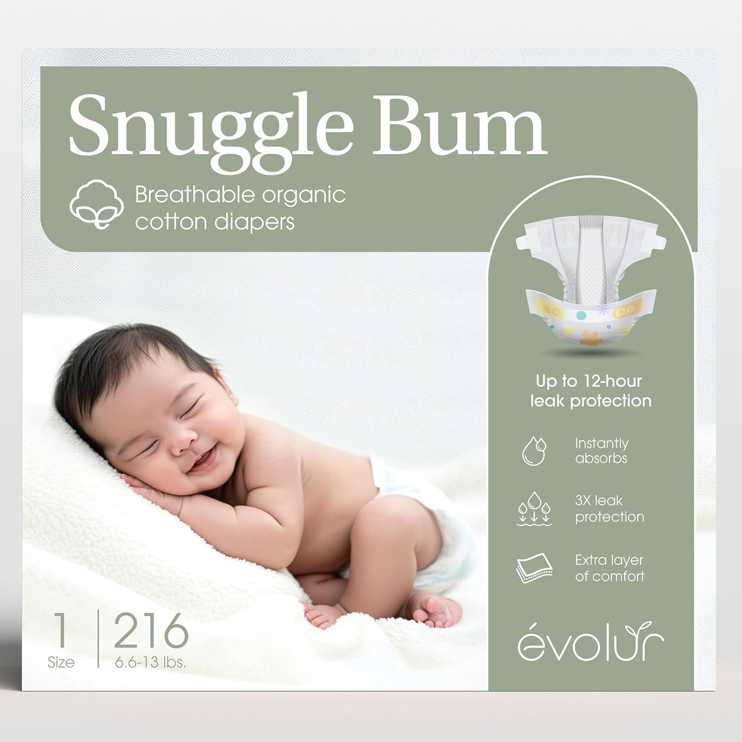 Evolur Snuggle Bum Baby Diapers Size 1, Newborn, PFAS-Free, 216 Count