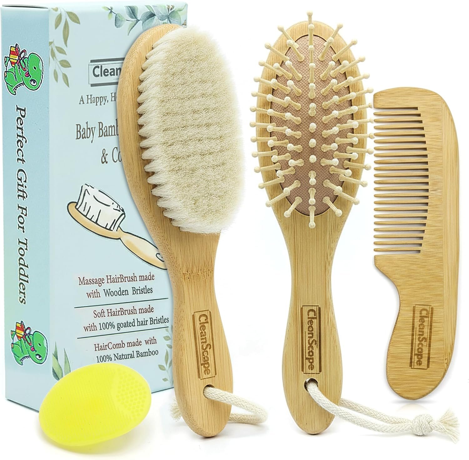 Bamboo Baby Brush & Comb Set – 4-Piece Newborn Grooming Kit with Soft Goat Hair Brush, Wooden Comb & Silicone Scalp Massager – Cradle Cap & Baby Shower Gift