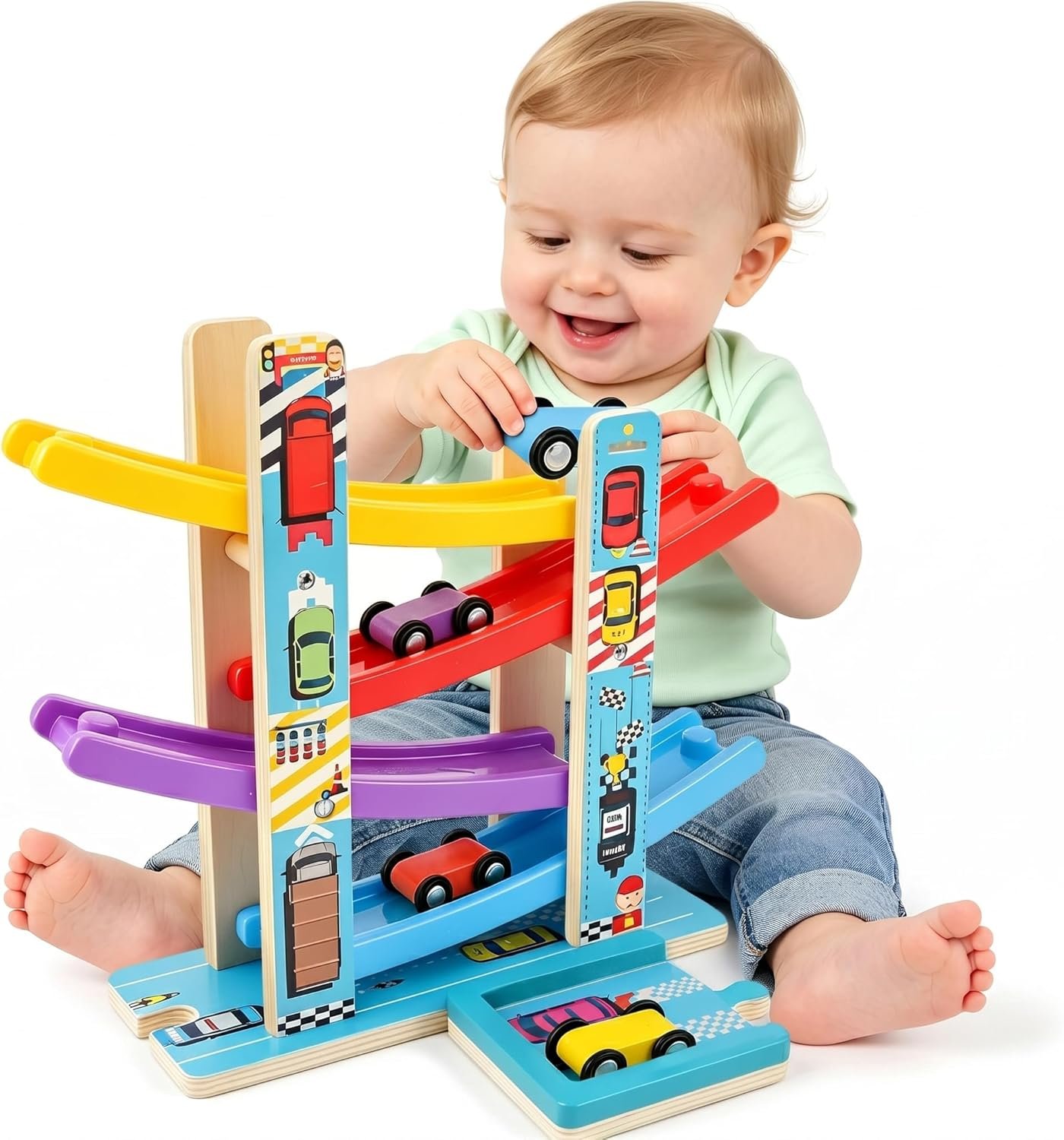Heirio Montessori Toys for 1 2 3 Year Old Boy Girl – No Assembly Wooden Car Ramp Toy with 4 Race Cars & Parking Lot Garage, Perfect 18 Month 2nd 3rd Birthday Gifts for Toddlers Kids