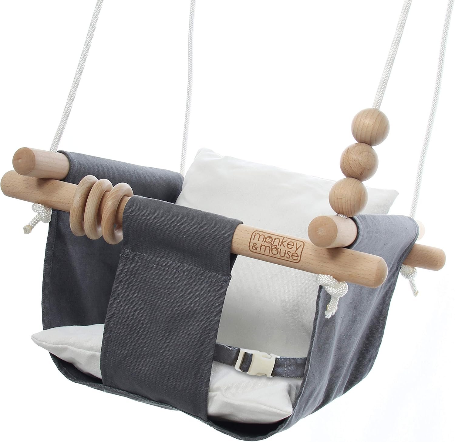 Monkey & Mouse Baby Swing, Grey White Indoor Outdoor Portable Hanging Chair – Infant & Toddler Kids 6 Months – 4 Years, Cotton Canvas & Beech Wood Frame, Sensory Hammock Boy & Girl Seat w/Wooden Toys