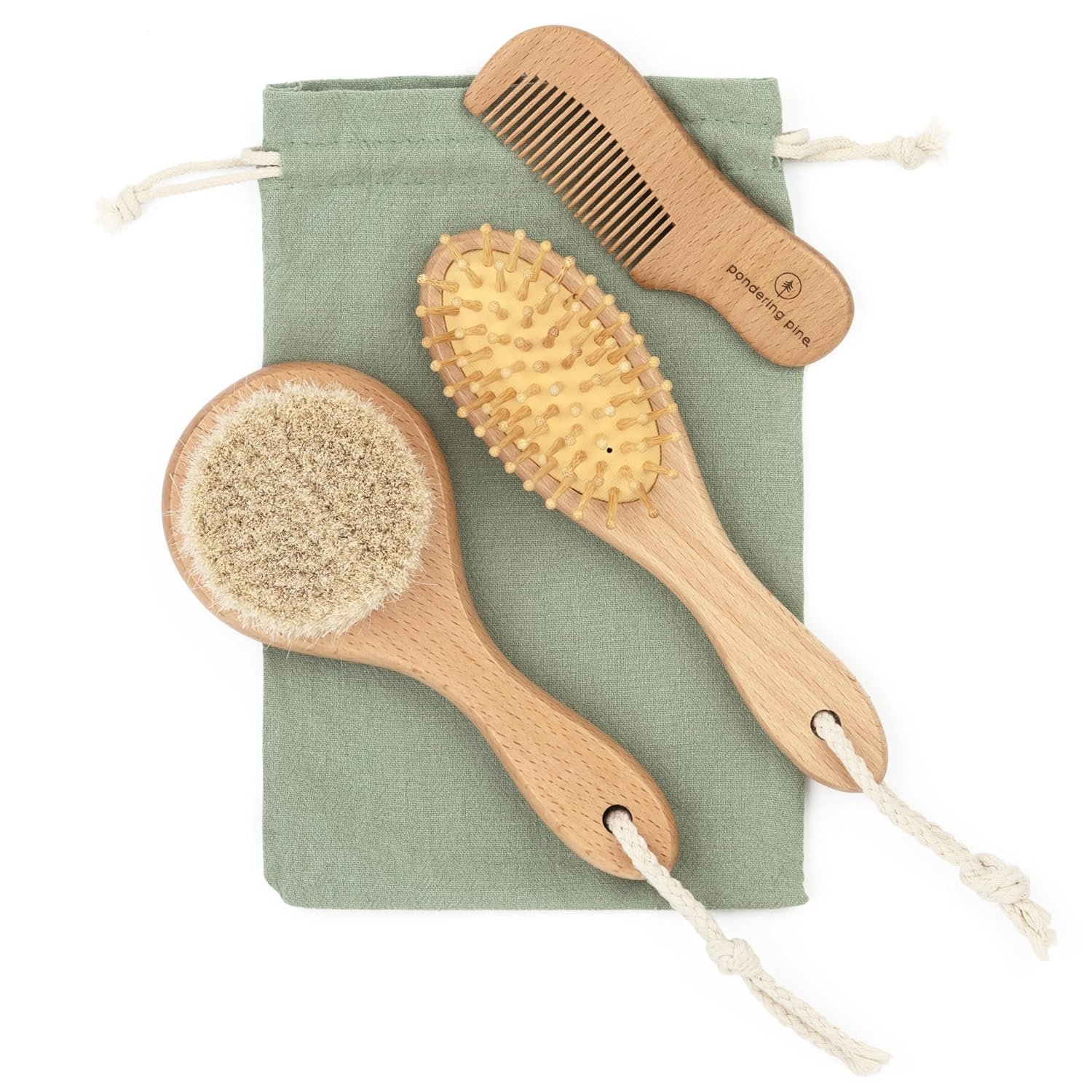 Natural Baby Hair Brush Set with Boho Bag – Goat Hair Cradle Cap Brush, Toddler Brush and Comb – Scalp Grooming Baby Hairbrush for Newborn and Infant, Wooden Brushes for Boys and Girls