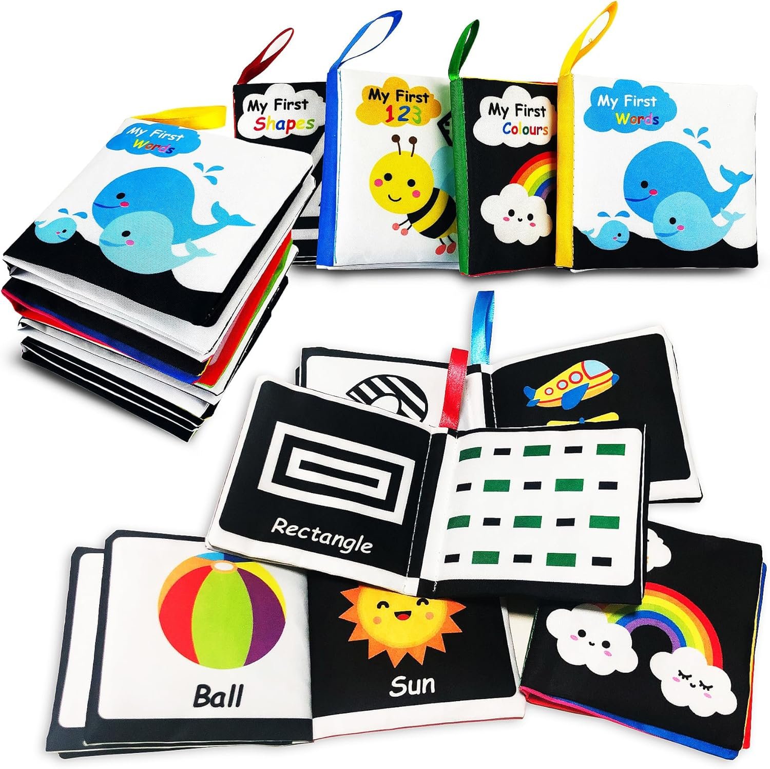 Soft Cloth Baby Books Black & White (4 Pack),Touch Crinkle Sensory Toys for Newborn Infants Toddler Non-Toxic Early Educational Preschool Learning Toy Gift 6-12-18 Months