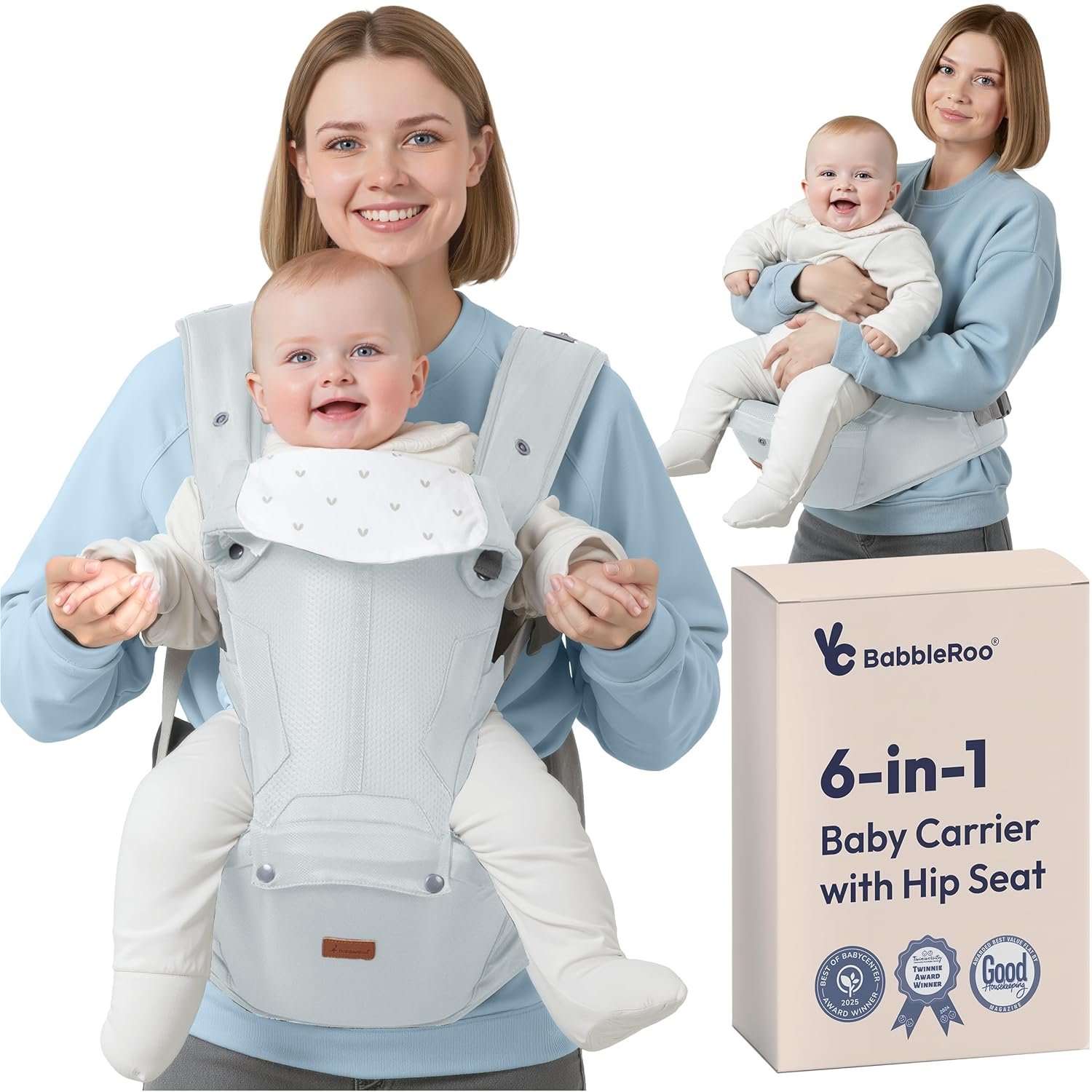 BabbleRoo 6-in-1 Baby Carrier with Hip Seat, Ergonomic Newborn to Toddler Carrier 7–50 lbs, Front Back Hip Carry, Lumbar Support, Sun Hood, Safety-Certified, Seafoam