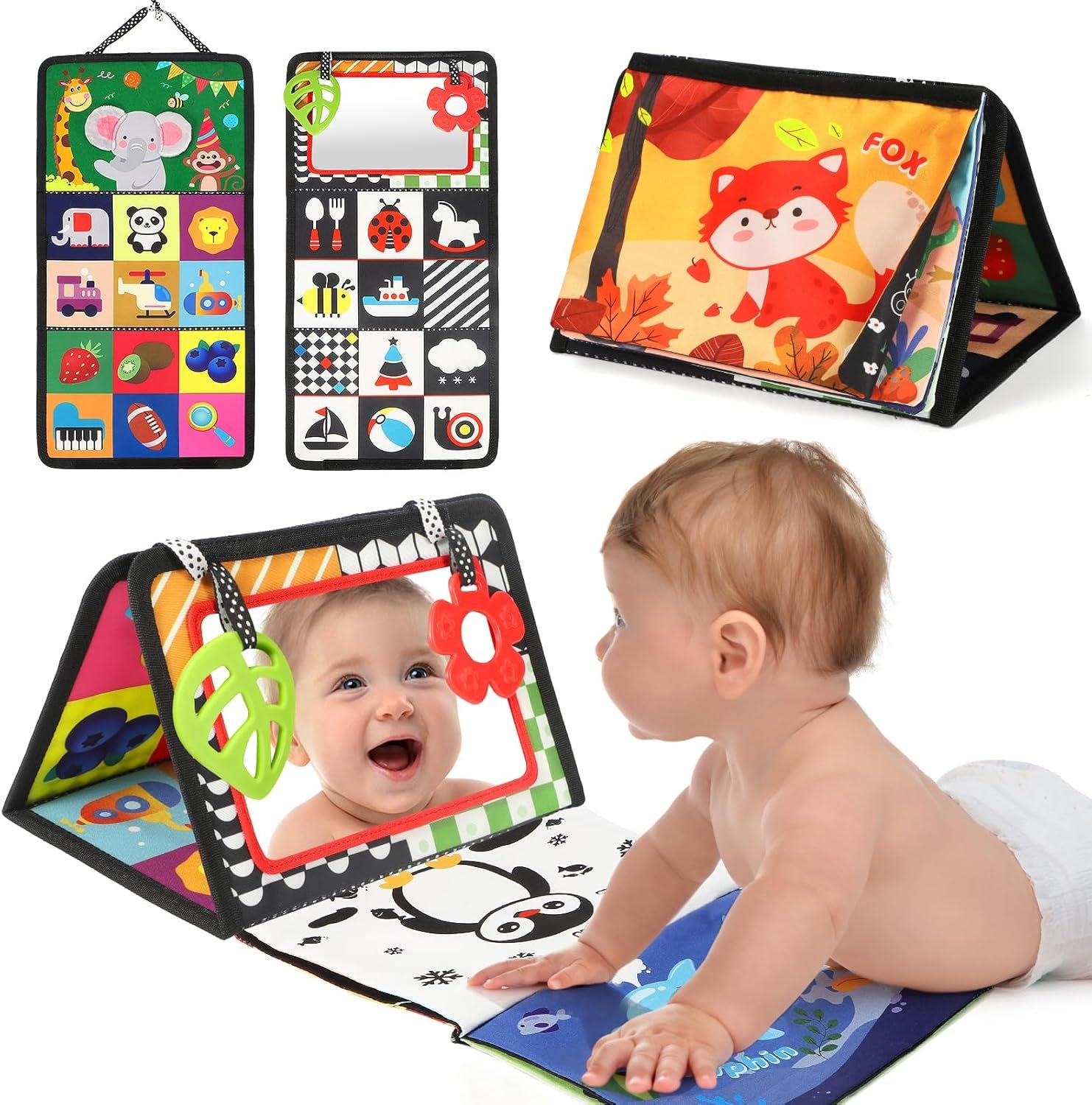 BBWOO Tummy Time Toys, Black and White High Contrast Baby Toys for Newborn, Baby Visual Stimulation Mirror, Montessori Crinkle Book for Infant 0-3-6-12 Months, Boy Girl Shower Gift