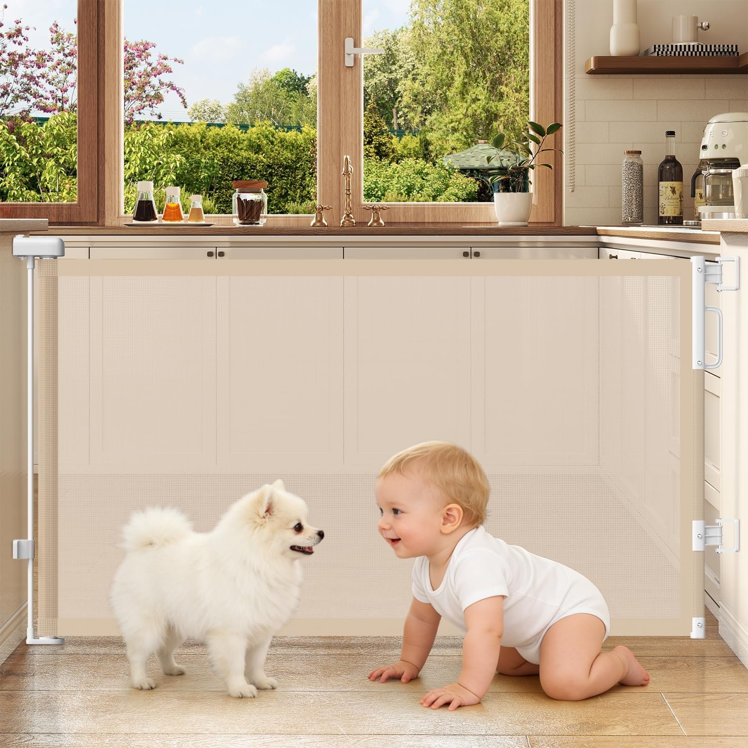 Retractable Baby Gates for Doorways, 58″ Extra Wide Mesh Child Dog Gate for Stairs, 34″ Tall Toddler Pet Gate Indoor and Outdoor, Easy Install, Home Necessity, Beige