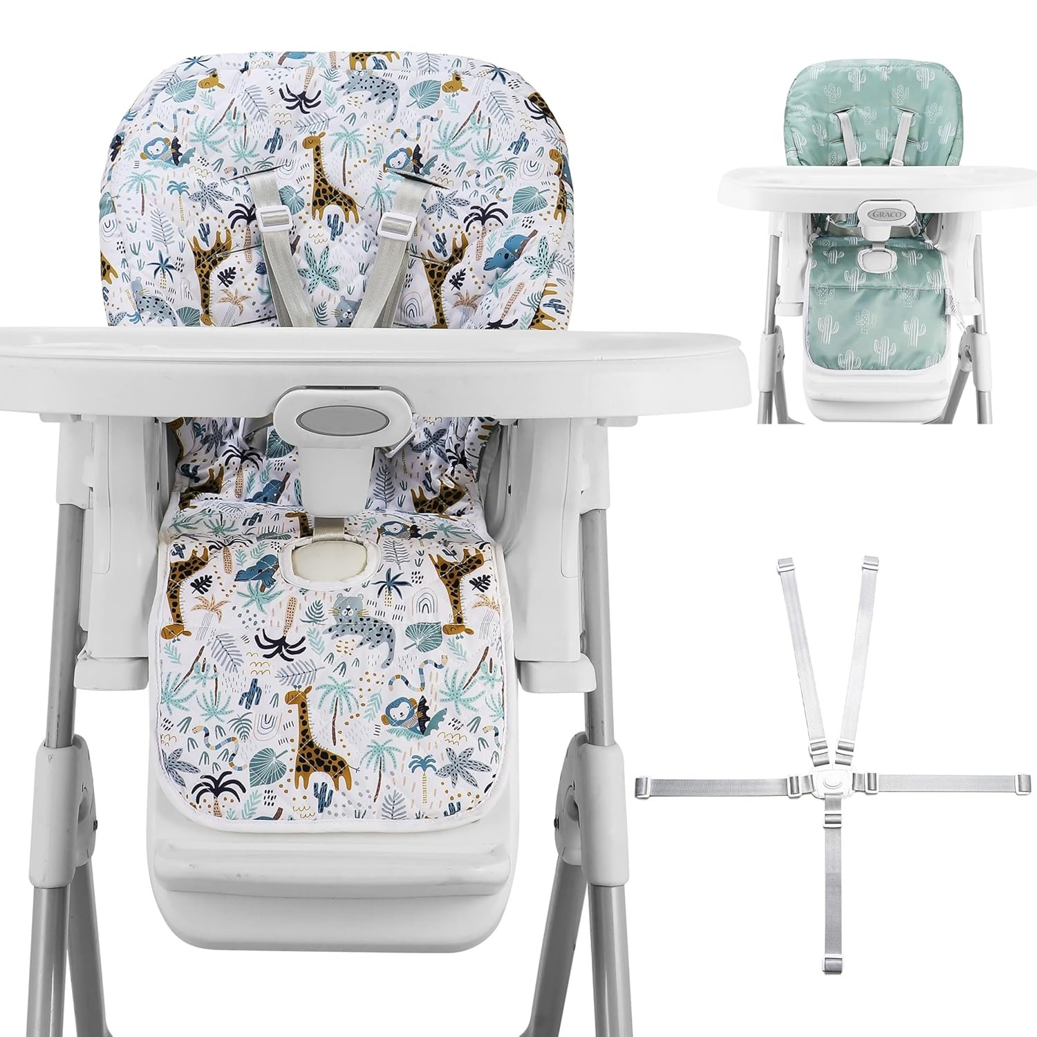 Baby High Chair Cover Replacement, Reversible & Waterproof High Chair Cushion Pad Home & Restaurant use, Includes 5-Point Harness Strap, Chair Not Included – Green