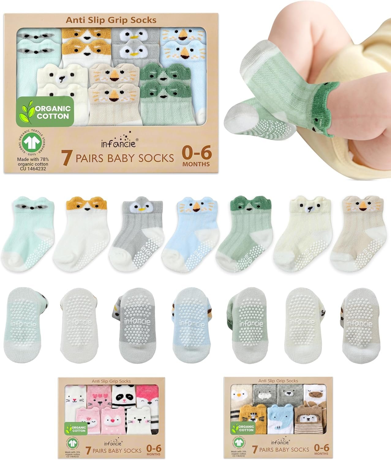 Organic Cotton GOTS Certified Non-Slip Baby Socks 0-6 Months – 7 Pairs Soft Breathable Newborn Socks Animal Design For Infant