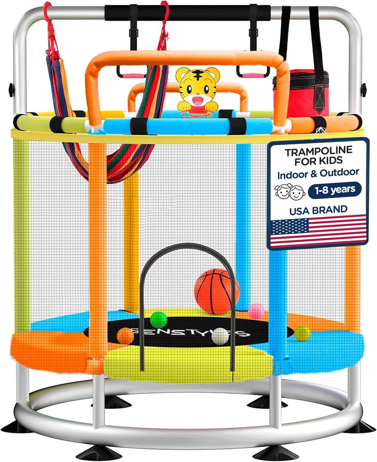 Trampoline with Net Indoor and Outdoor Toddler Trampoline for Kids Anti Rollover Round Base Double Safety Handles 440 lbs Capacity ASTM Tested Easy Assembly Gift