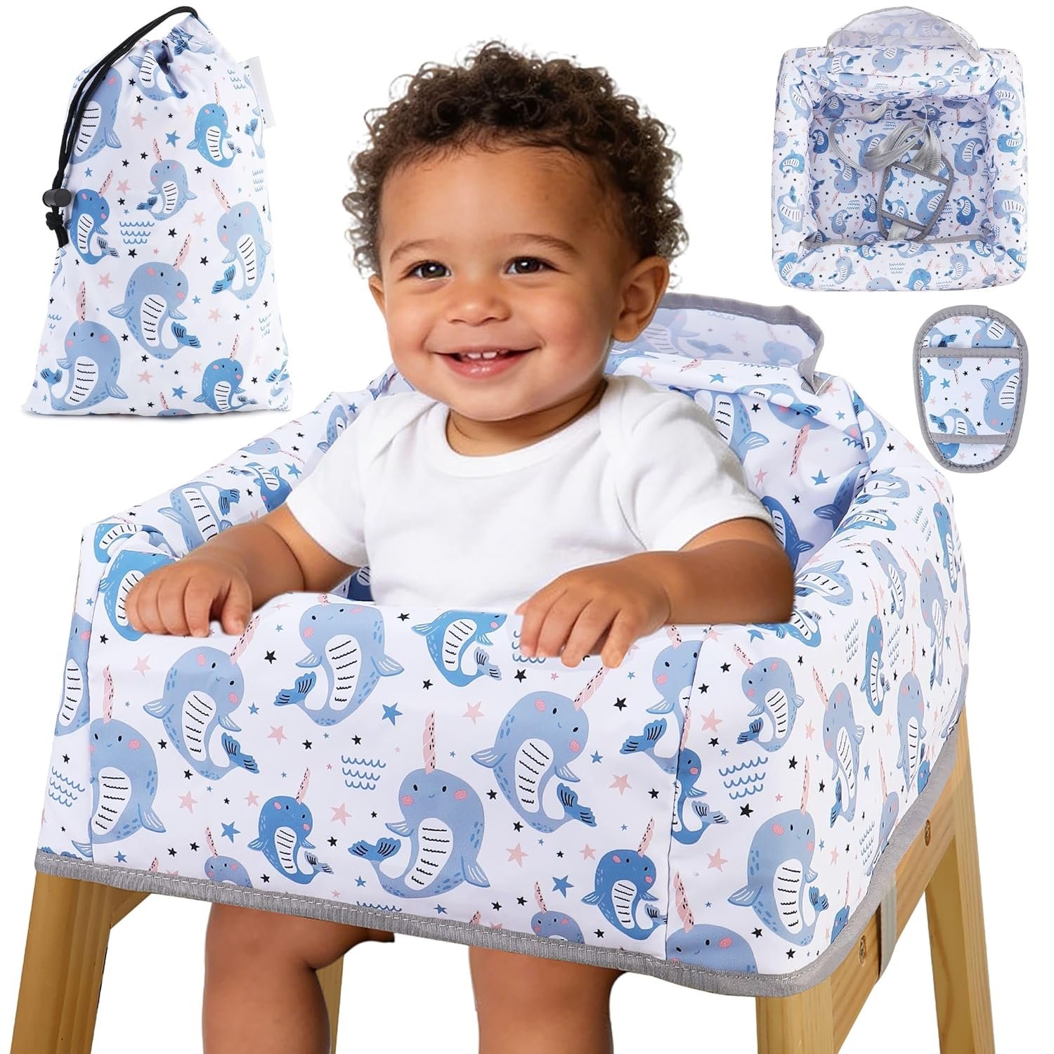 High Chair Cover Portable with 3-Point Harness, Waterproof Baby Seat Cover for Restaurant Travel Home Use, Machine Washable, Fits Wooden Chairs (Blue Whale)