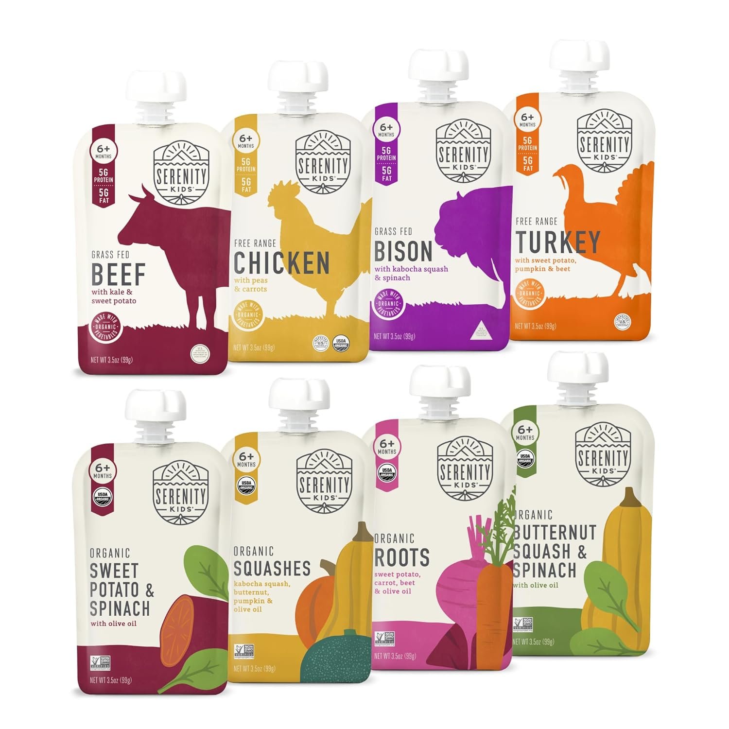 Serenity Kids 6+ Months Organic Baby Food Pouches – 5g Protein Nutrient-Packed Baby Puree Pouches – Organic Veggie-Rich Toddler Snack – On-the-Go Toddler Meals & Snack Pack – 8 Count, 3.5 Oz