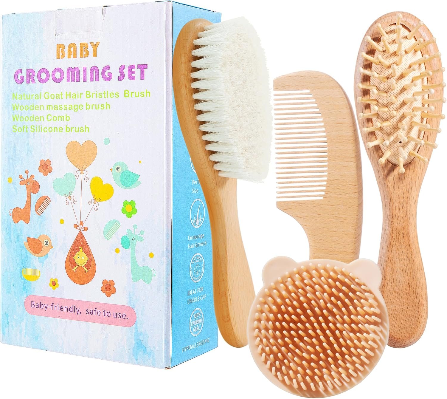 Baby Hair Brush Set for Newborns, Wooden Baby Brush & Comb – Toddler Cradle Cap Brush, Ultra Soft Goat Hair Bristles, Baby Grooming Kit for Baby Showers & Registries Gift Set