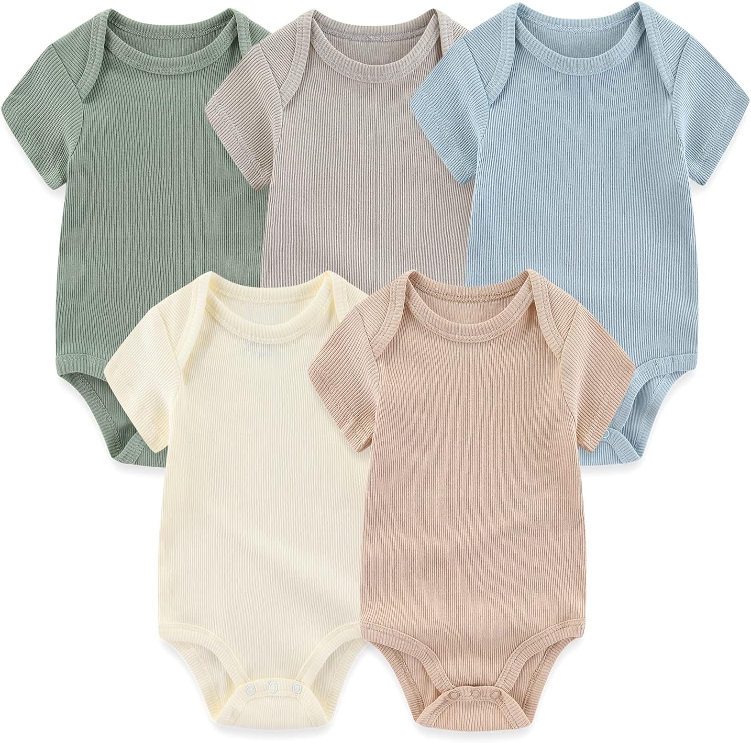 MAMIMAKA Newborn Baby Short Sleeve Bodysuit Cotton One-Piece Baby Clothes 5-Pack, 0-12 Months