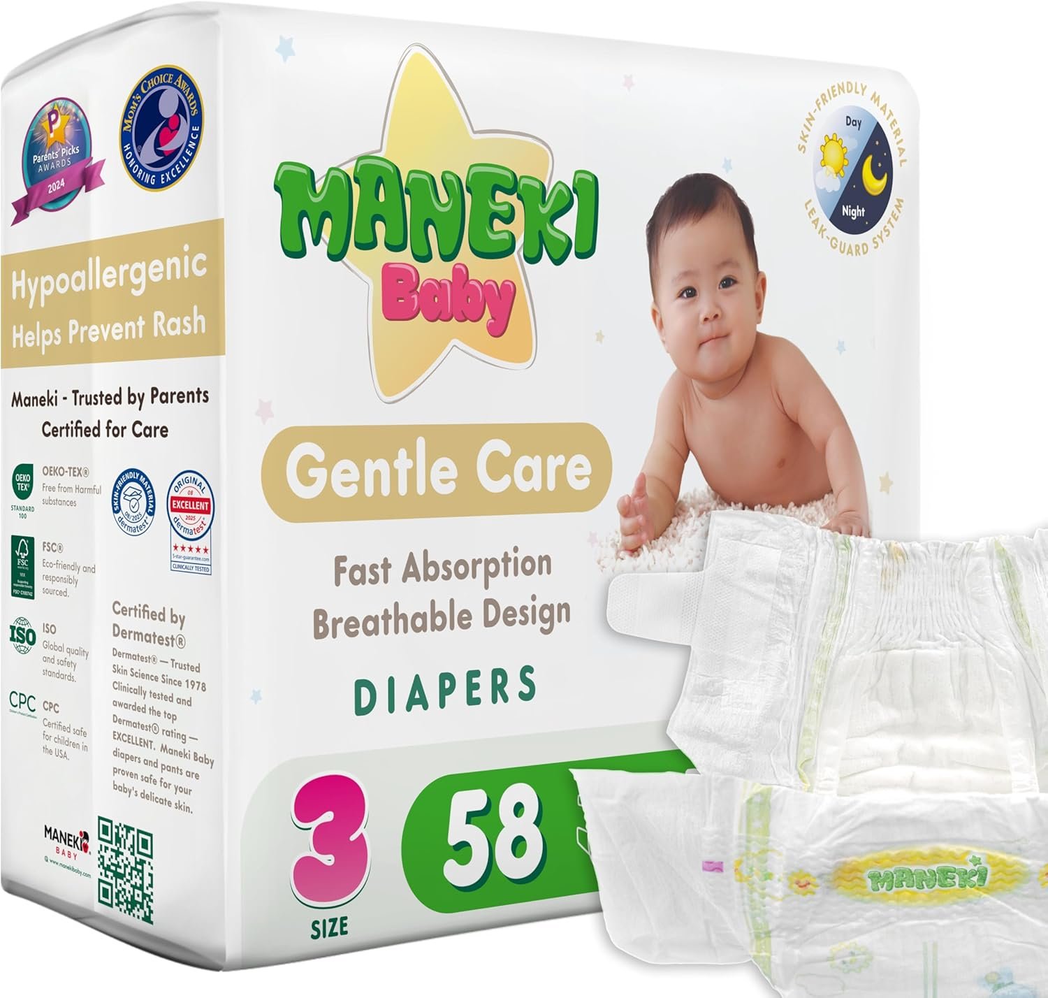 MANEKI Size 3 Diapers, Highly Absorbent & Breathable Baby Diapers, Size 3 (12–24 lbs), 58 Count, Hypoallergenic & Fragrance-Free, Day & Night Protection for Sensitive Skin, Packaging May Vary