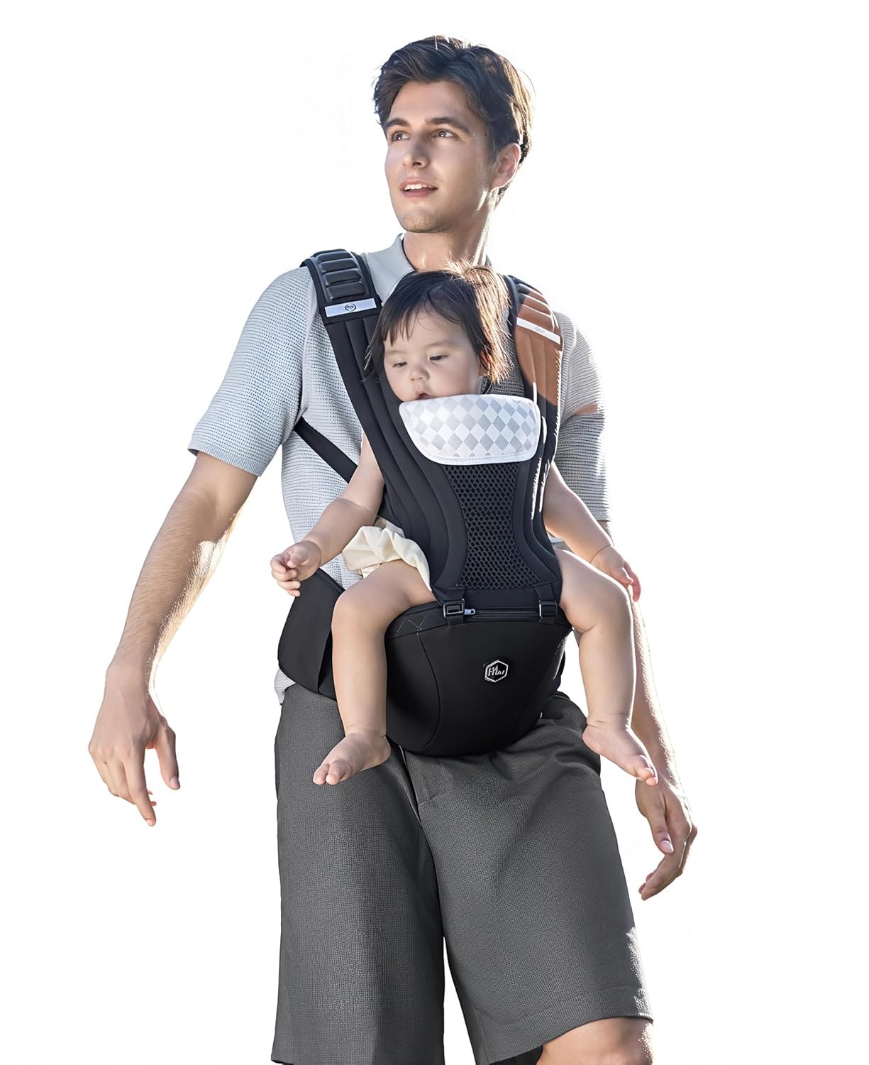 HBR Baby Carrier with Hip Seat, Non-Slip Seat, Air-Padded Shoulder Straps for Less Pressure, 6-in-1 Ergonomic Breathable Infant Carrier, Front-Facing, Hands-Free, Up to 45 lbs, 47 in, AirMesh Black
