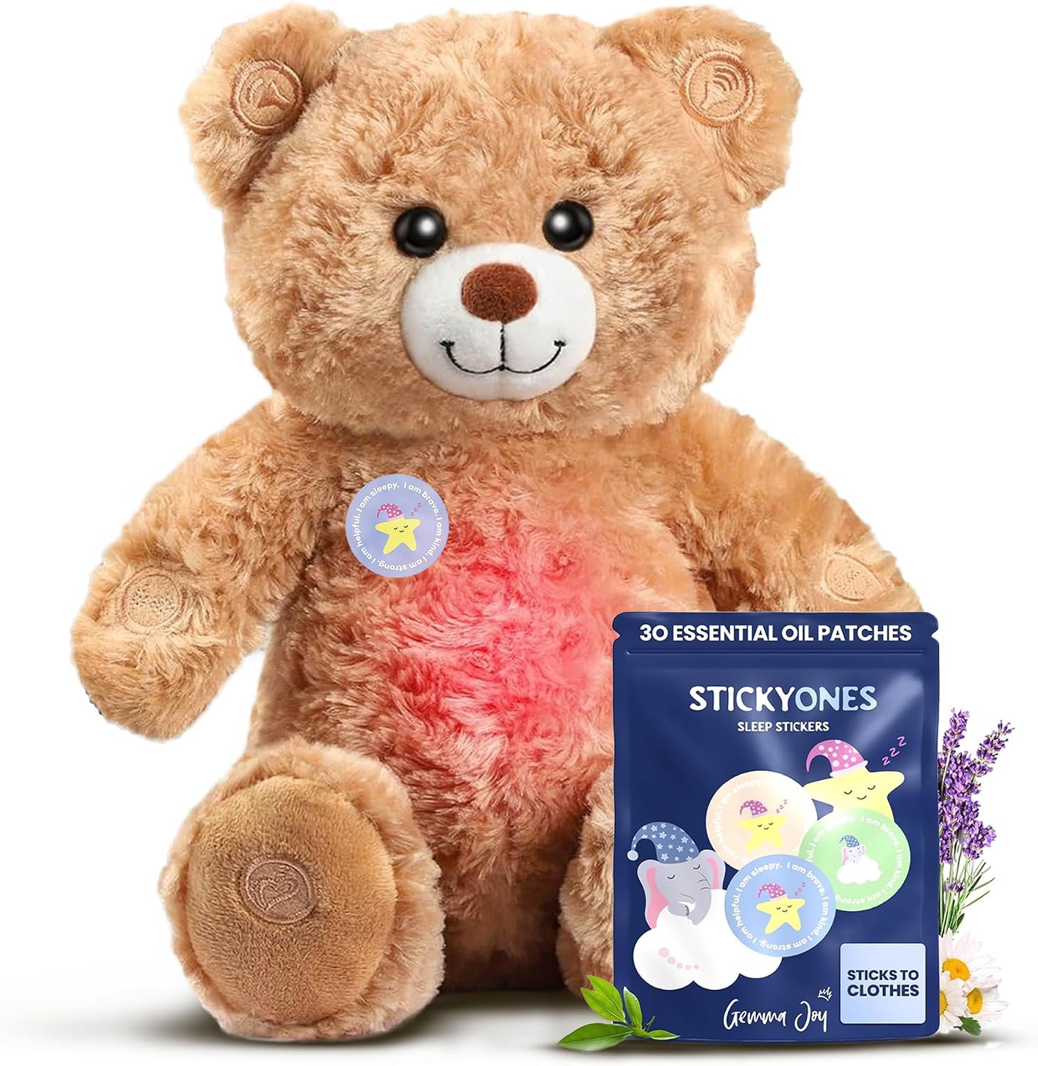 Gemma Joy Sleep Bundle – Cry Activated Heartbeat Bear Soother and StickyOnes Kids Sleep Patches 30 Count, Melatonin-Free Aromatherapy Stickers – Newborn Baby Gift Set
