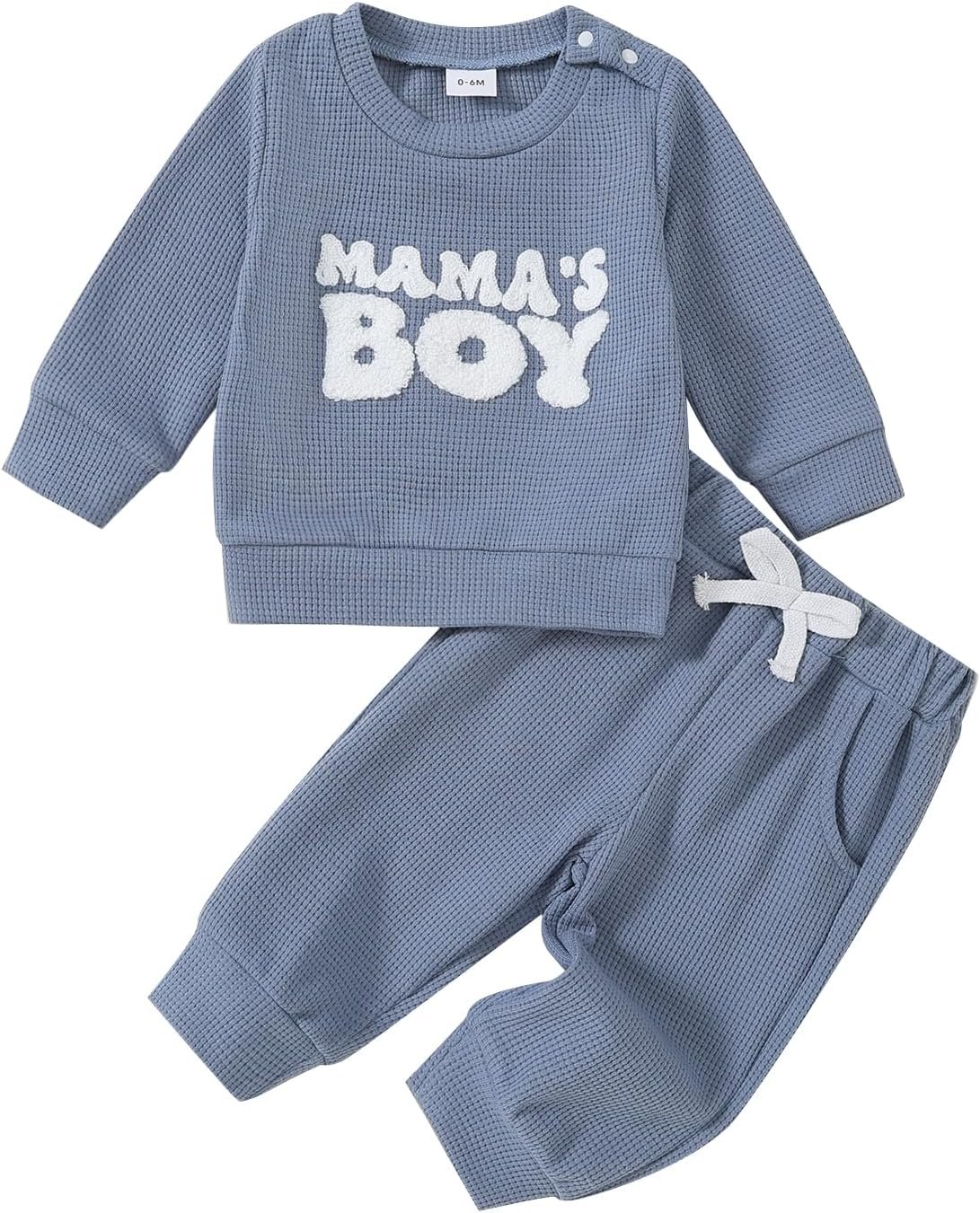 Toddler Baby Boy Fall Winter Clothes Waffle Knit Long Sleeve Sweatshirt Pants Set MAMA’S BOY Embroiderey Outfit Set