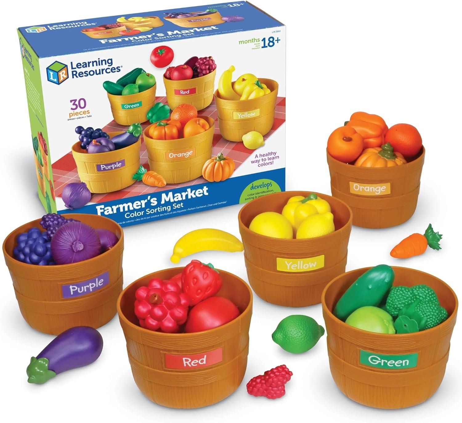 Learning Resources Farmer’s Market Color Sorting Set – Pretend Play Food Sets for Kids Kitchen, Color Sorting Toys, Plastic Fruit and Vegetable Toy for Kids Kitchen Set, Play Food for Toddlers 1-3