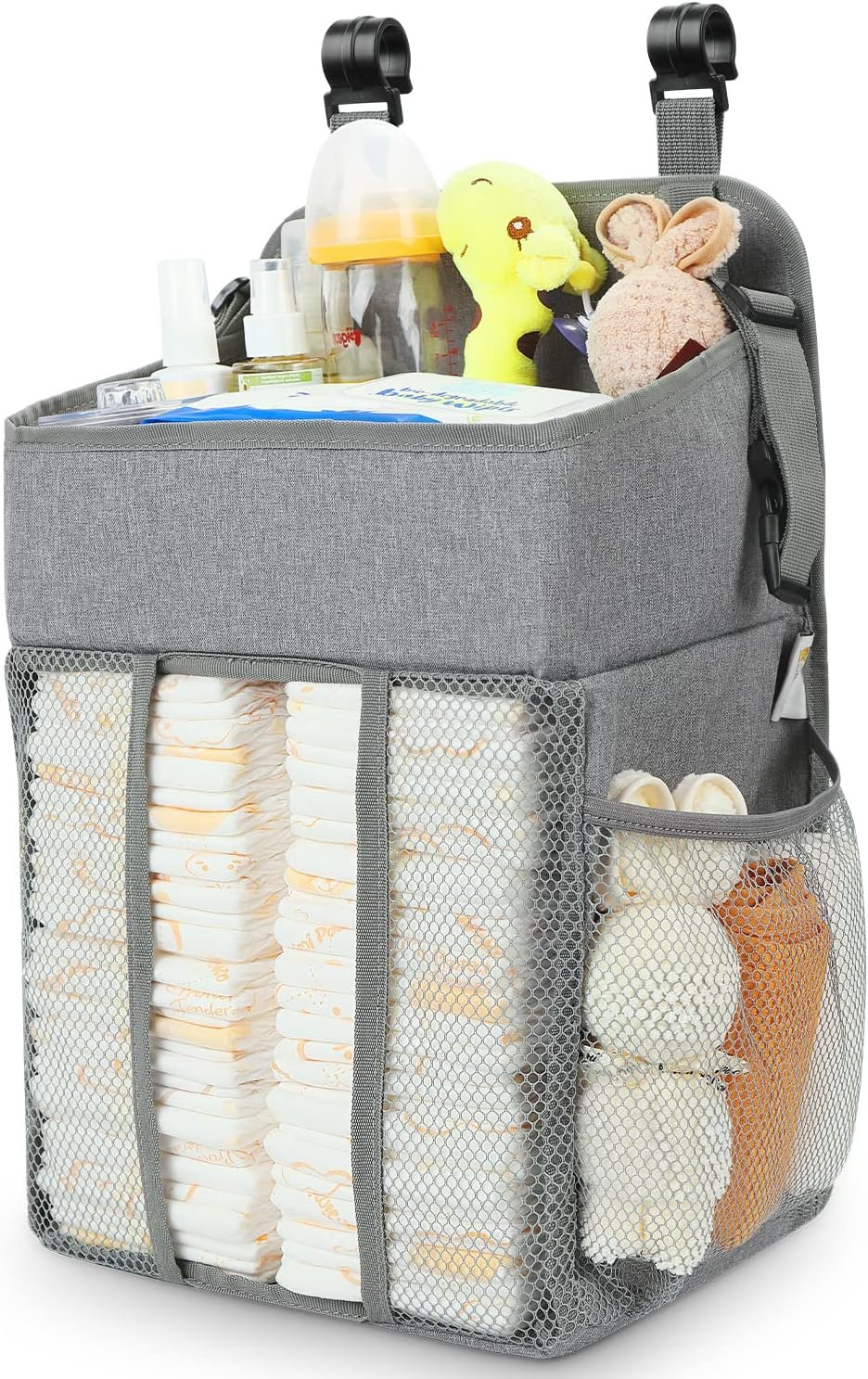 Maliton Changing Table Diaper Organizer – Baby Hanging Diaper Stacker Nursery Caddy Organizer for Cribs Playard Baby Essentials Storage (Gray)