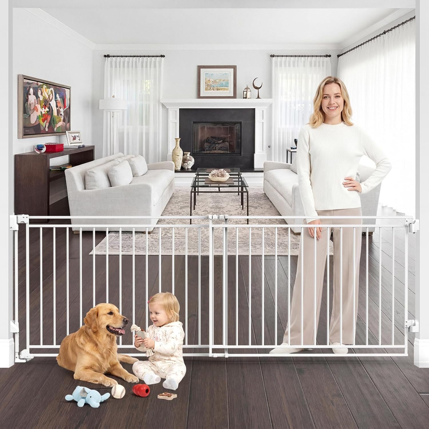 Betertek 45-80″ Extra Wide Baby Gate for Large Openings-No Bottom Bar&Extra Wide Walk Thru Door, Chew&Impact Resistant Metal Heavy Duty Dog Gate, Hardware Mount Safety Indoor Extra Long Pet Gate