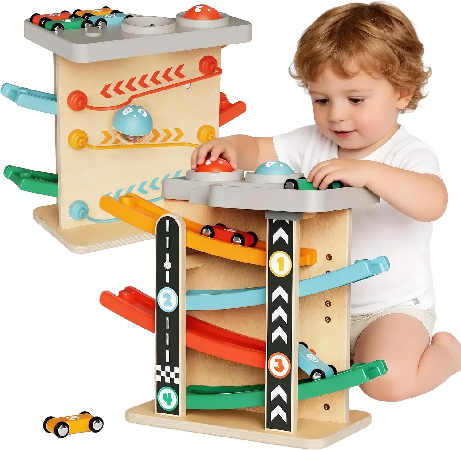 Toddler Toys for 1-2 Year Old Boy, Montessori Toys for 1 Year Old, First Birthday Gifts, 2 in 1 Pounding Toys and Wooden Car Ramp