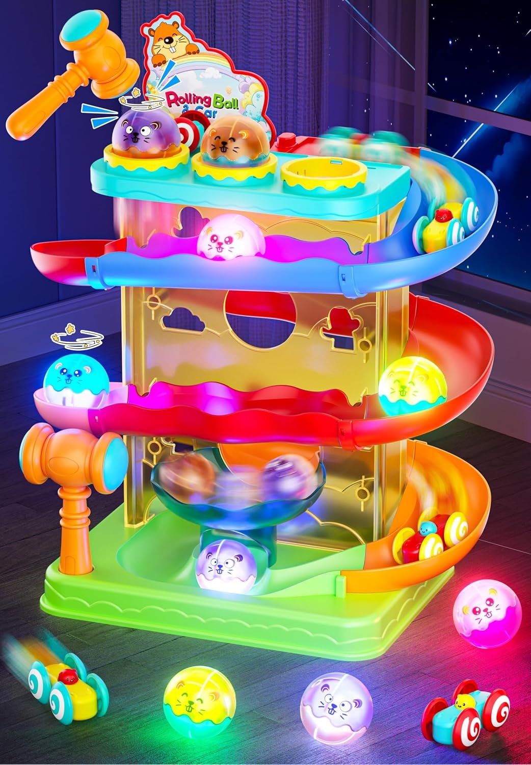 2-in-1 Rolling Ball & Car Ramp Race Track for Toddlers, Hammer Ball Drop Toy for Boys & Girls, Interactive Playset w/Sensor Lights – Montessori STEM Learning Toys for Kids 1-5+ Year Old