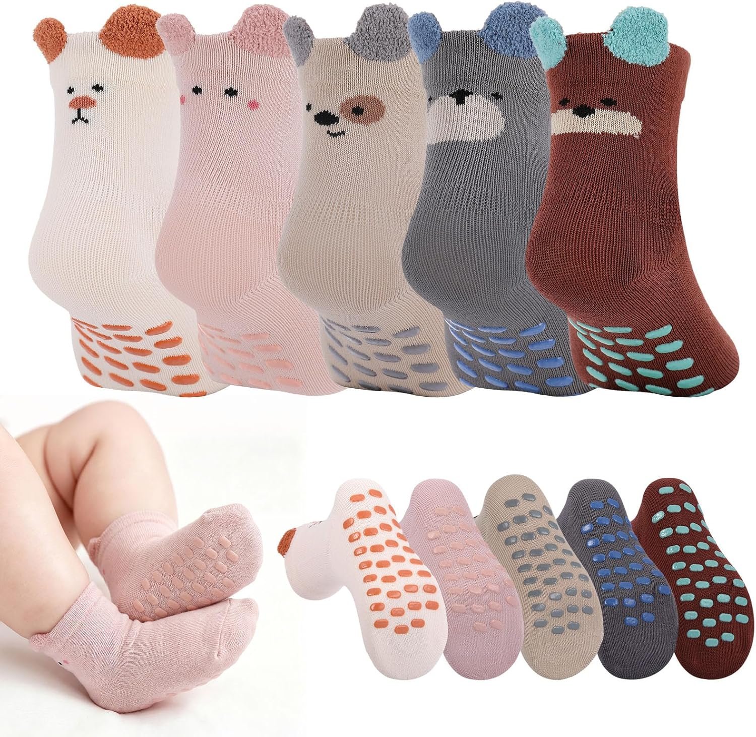 Jspupifip Toddler Non-Slip Socks with Grips 5 Pairs Cotton Cute Baby Cartoon Floor Crew Socks Indoor Soft Cotton Ankle Sock