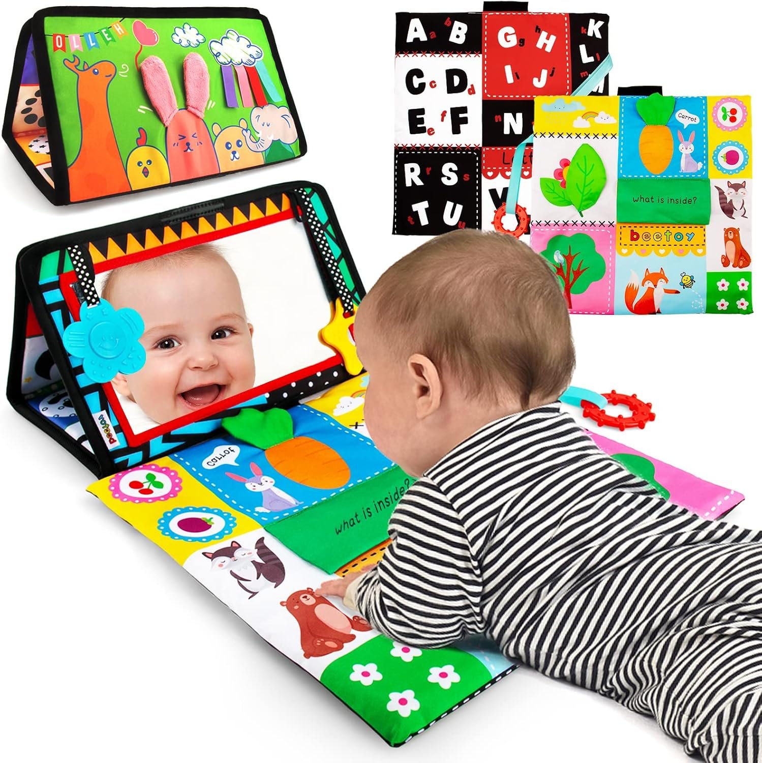 beetoy Tummy Time Toy for Infant, Newborn Sensory Toy 0 3 Months Baby Brain Development with Crinkle Mat Teether, High Contrast Baby Mirror Toys 2 4 5 0-6 Month Boys Girls Visual Muscles Shower Gifts