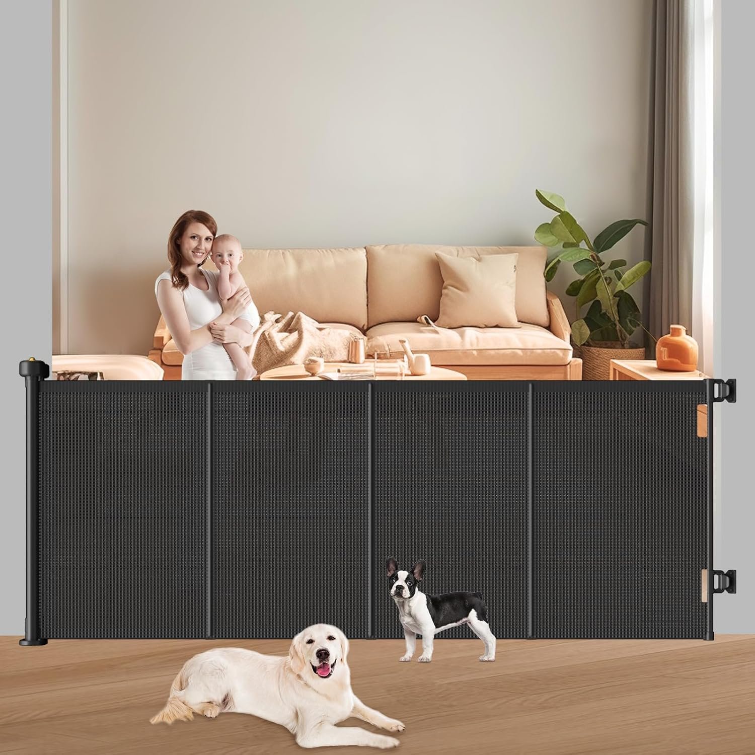 Pawtners Retractable Baby Gates Extra Wide, 41″ Tall Extends up to 71″ Wide, Dog Gate Indoor for Stairs, Pet Gate with Support Rods for Doorways Hallways Indoor & Outdoor-Black