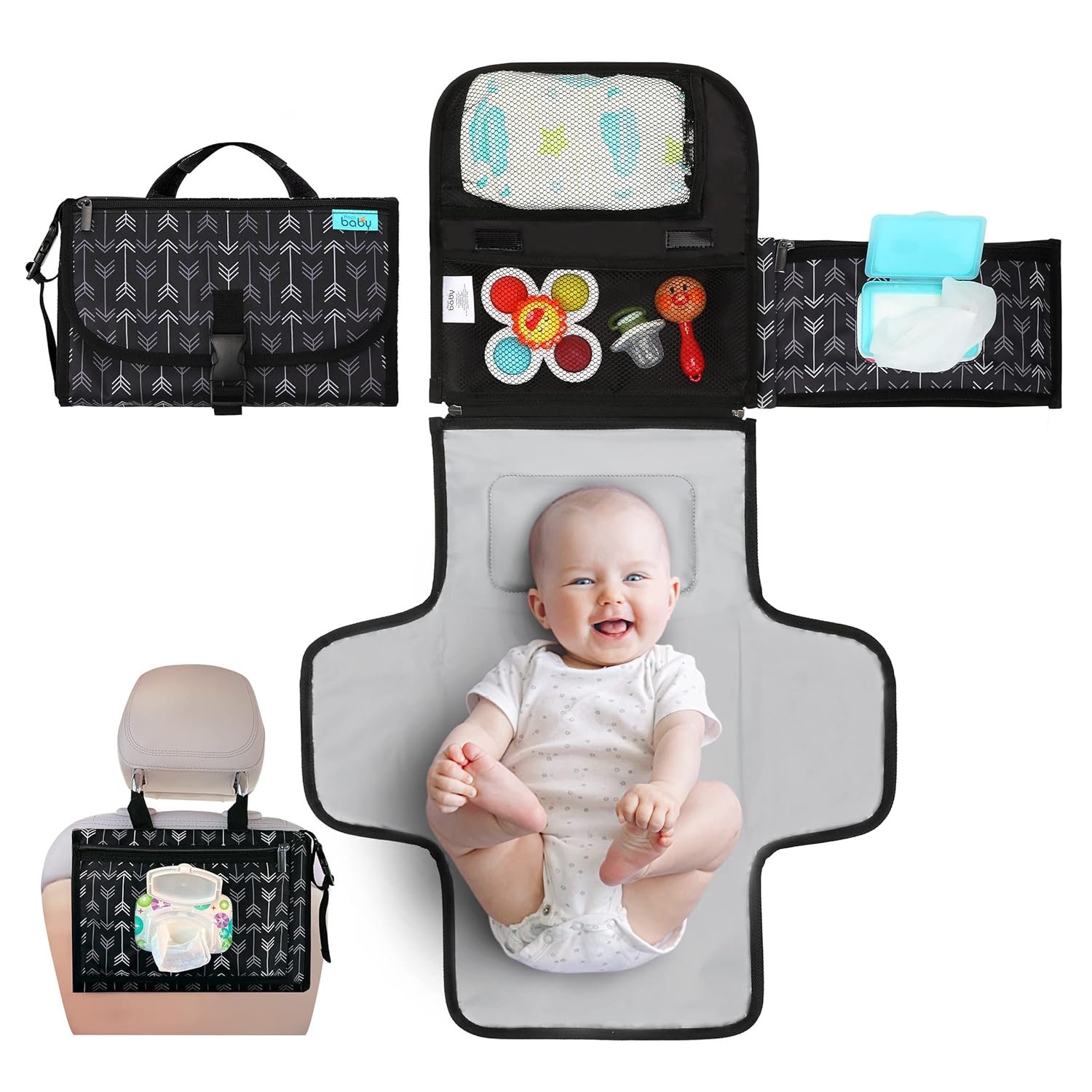 Kopi Baby Portable Diaper Changing Pad – Baby Diaper Changer Travel Bag with Wipes Pocket, Smart Design Portable Changing Mat, Infant Travel Station Kit, Gift for Newborn – Black Arrows, Classic