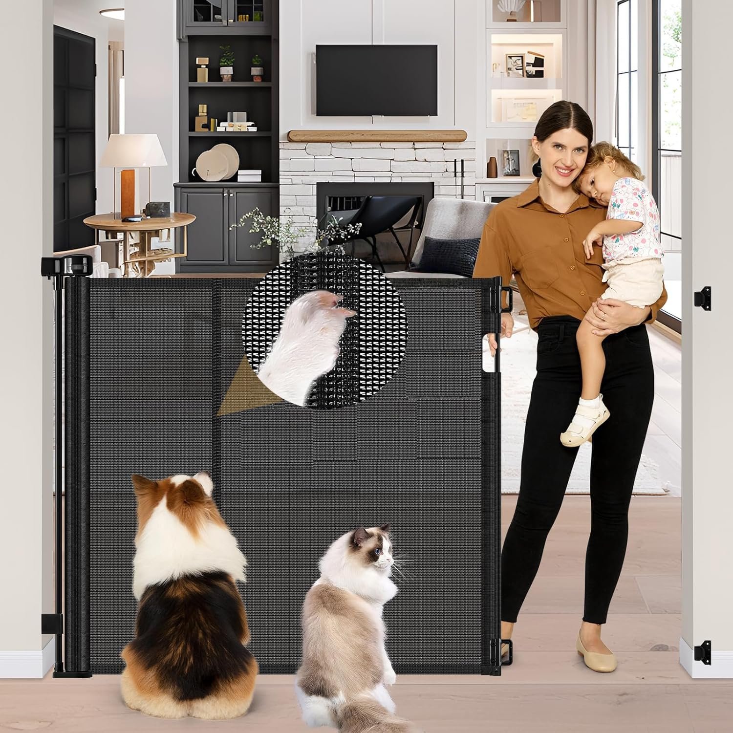 Reinforced 42″ Extra Tall Pet Gate 55″ Wide Retractable Baby Gate with Support Rods – Retractable Dog Gate Indoor/Outdoor Retractable Gate, Bottom Anti-Escape Tall Dog Gates for Doorways, Black