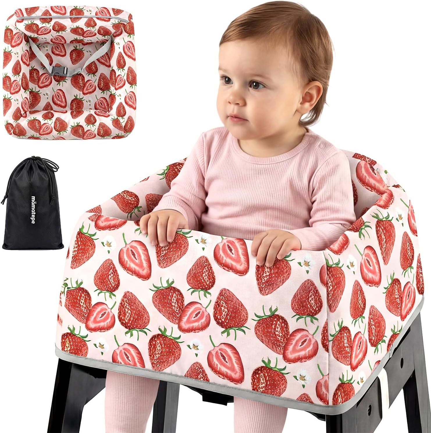 Mamatepe Reusable Baby High Chair Cover with Strap Pads & 2-Point Harness, Waterproof Washable Portable Seat Cover for High Chairs, Red Strawberry