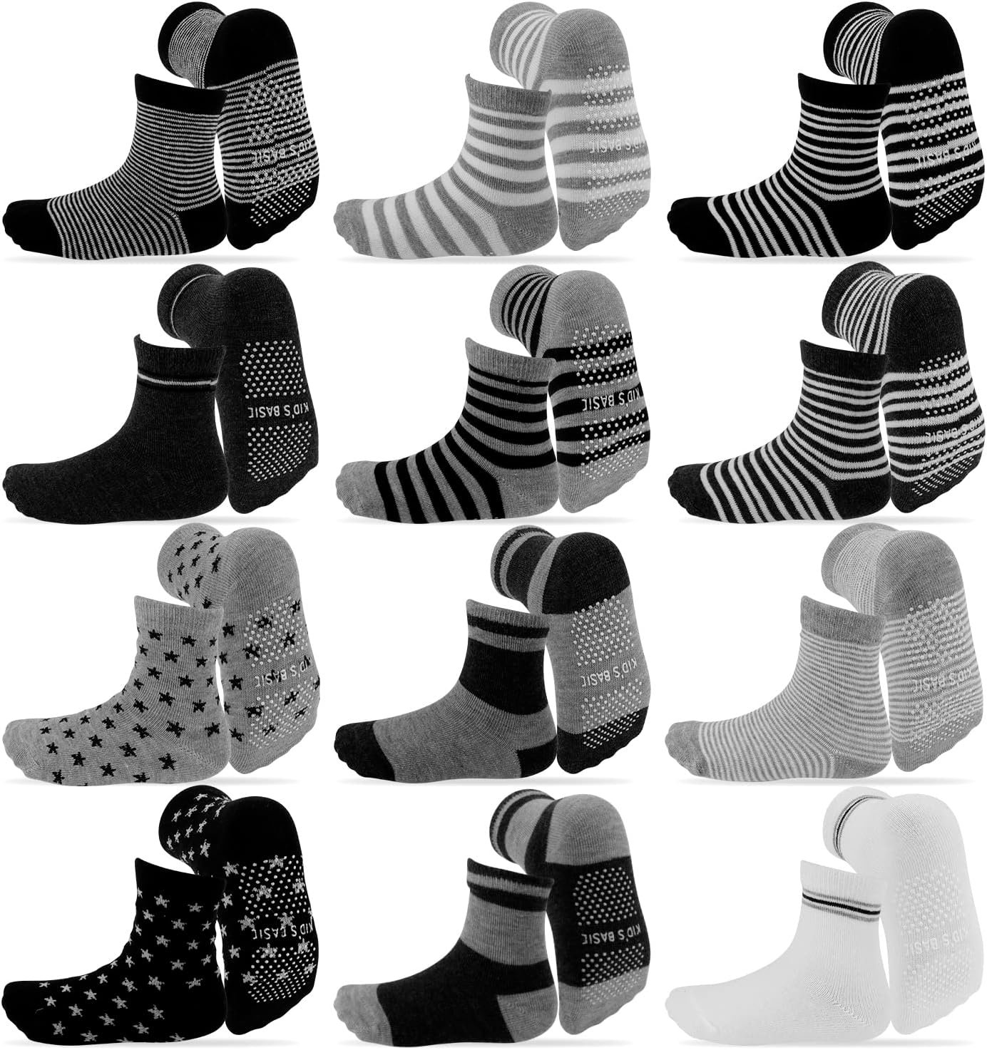 Baby Boy Socks, Non Slip Toddler Socks, 12 Pairs Cotton Grip Socks Crew Socks Grippy Socks for Baby Boy