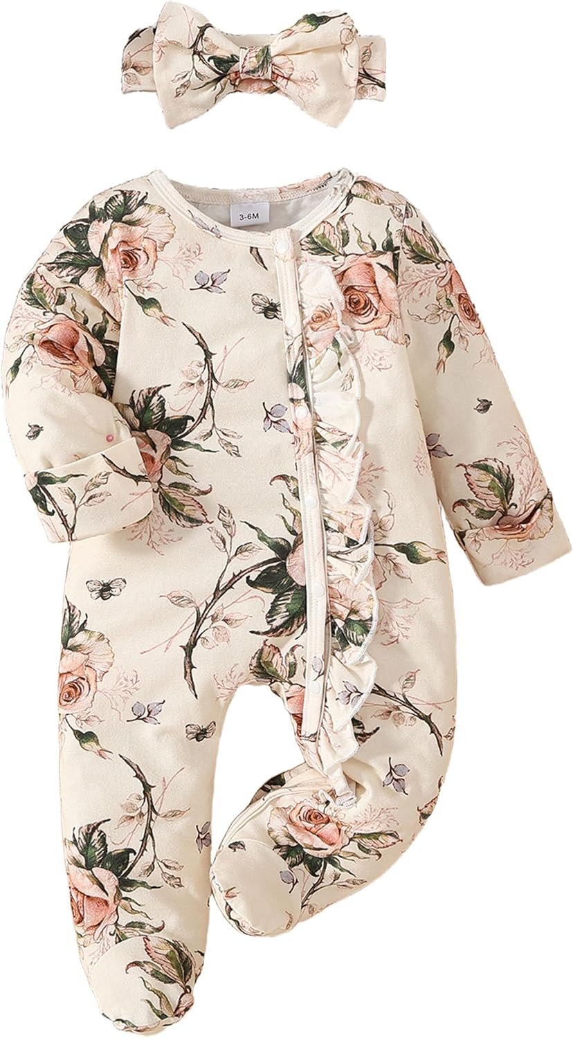 Yvowming Newborn Baby Girl Clothes Ruffle Jumpsuit Romper Infant Coming Home Outfit for Baby Girl