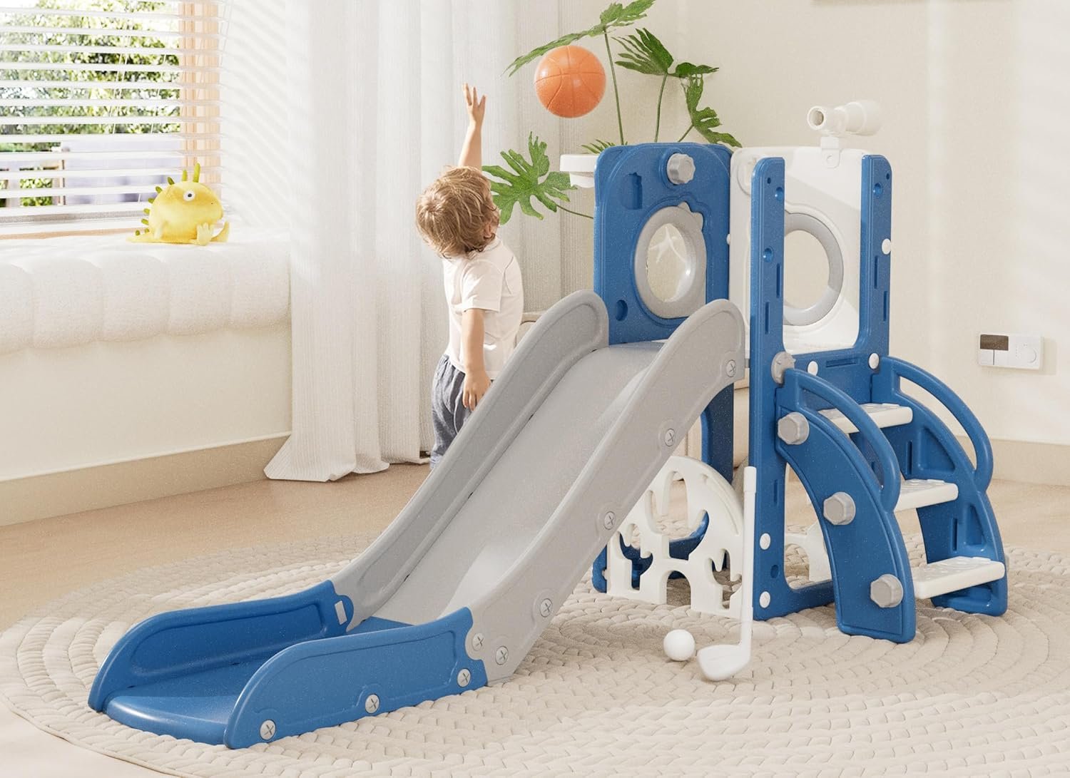 Glaf Toddler Slide 6 in 1 Indoor Playground Outdoor Playset for Kids Toddlers Age 1-3 Baby Slide with Basketball Hoop and Ball Storage Space and Telescope Freestanding Climber Slides Toys (Blue)