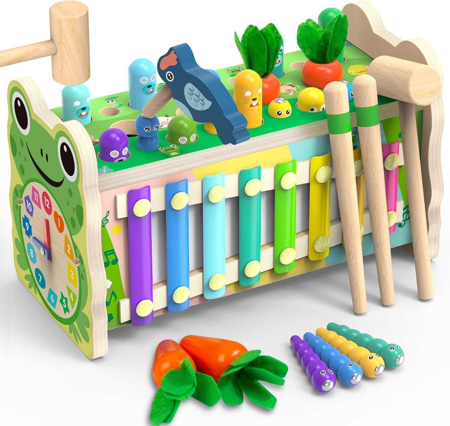 6-IN-1 Wooden Montessori Toys for 1 Year Old, Mole-Tapping Game | Play the Xylophone | Frog Clock | Carrot Harvest Game | Spinning Gear, Toddler Toys Aged 1-3, Baby Toy Gift for Early Learning