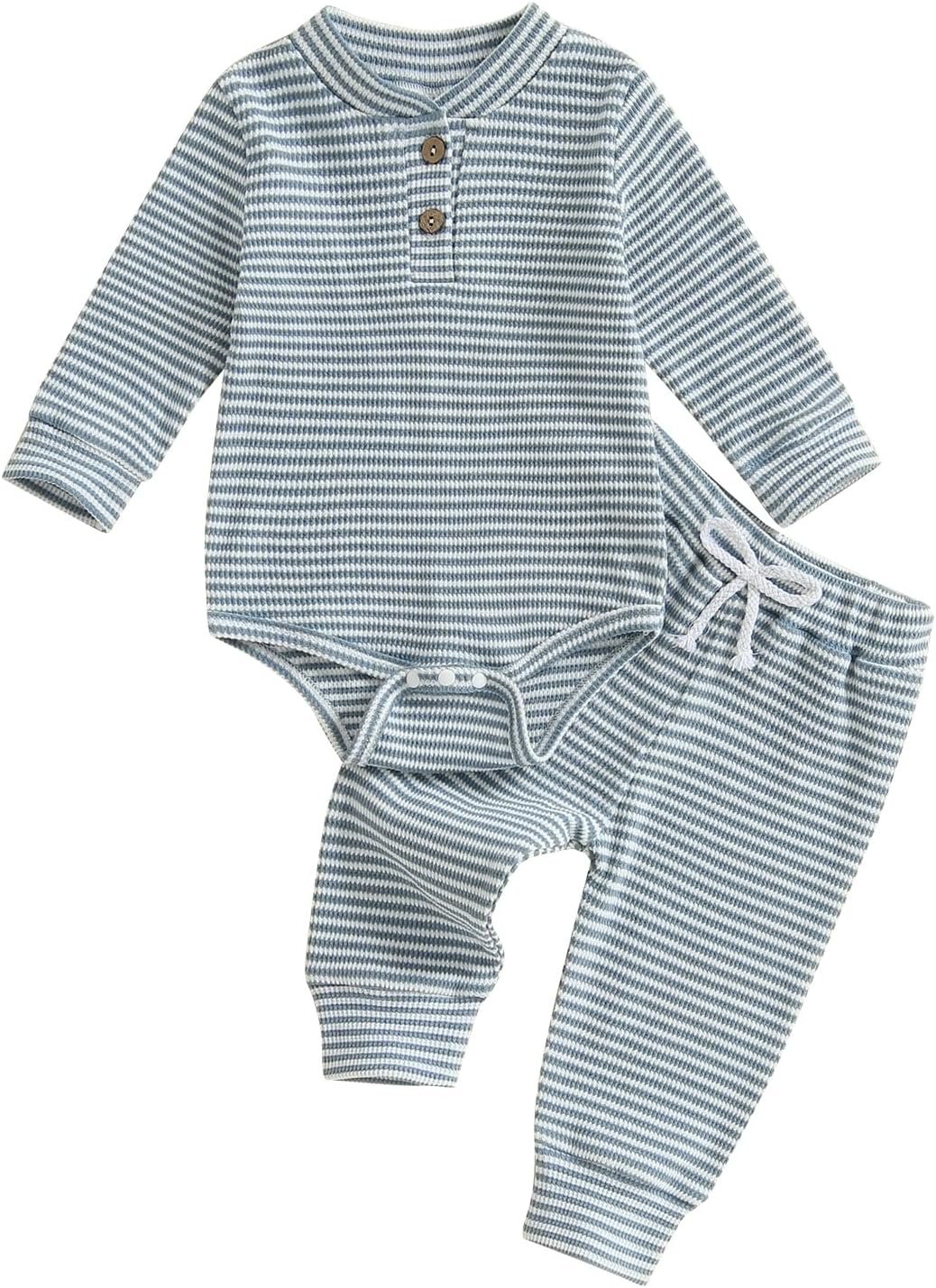 Newborn Boy Clothes Waffle Knit Long Sleeve Romper Long Pants Set Infant Fall Winter 2Pcs Outfits 0 3 6 9 12M