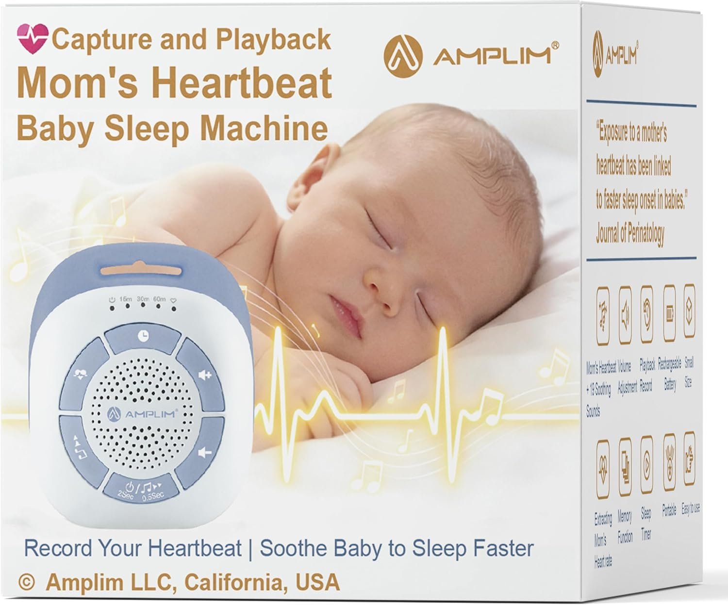 Mom’s Real Heartbeat Sound Device, Womb Sound Recorder White Noise for Newborn, Soothing Baby Sleep Machine, Rechargeable, Timer & Volume Control, Portable Infant Aid for Faster, Deeper Sleep