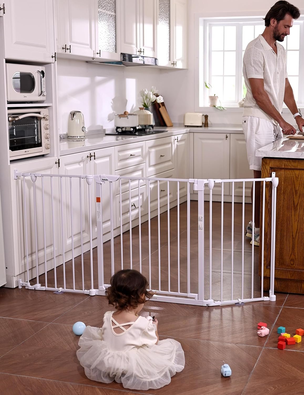 Babelio 72″ Extra Wide Baby Gate, 30” Tall Auto Close Dog Fence for Stairs Kitchen Doorways Fireplace, Hardware Mounted Pet Gate Indoor, Foldable 3 Metal Panels, AdaptiZone Series, White