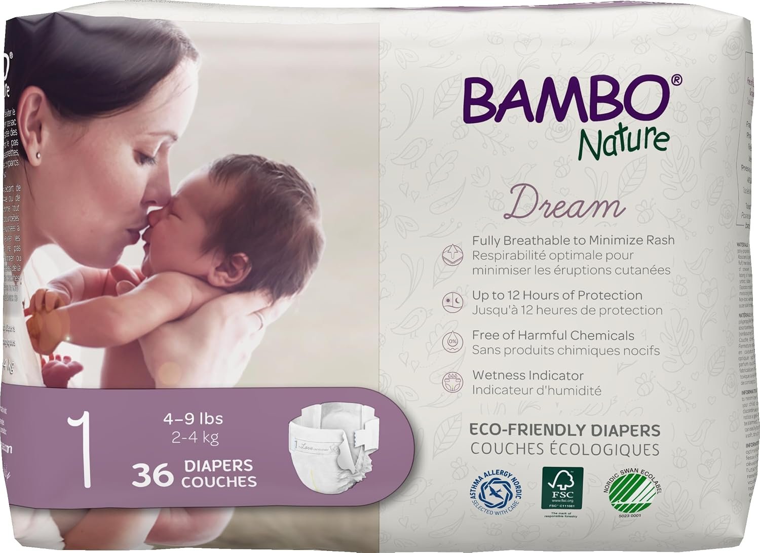 Bambo Nature Premium Baby Diapers – French/English Packaging, Size 1, 36 Count