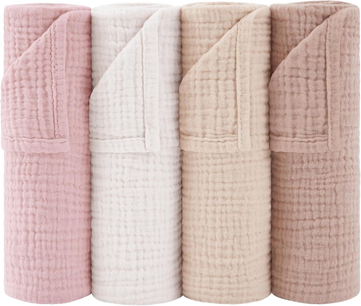 Susurration Muslin Burp Cloths 24×24 Inches Ultra Soft 100% Cotton, 4 or 7 Pack Baby Washcloths for Newborn, Absorbent Burp Rags & Swaddle Blankets