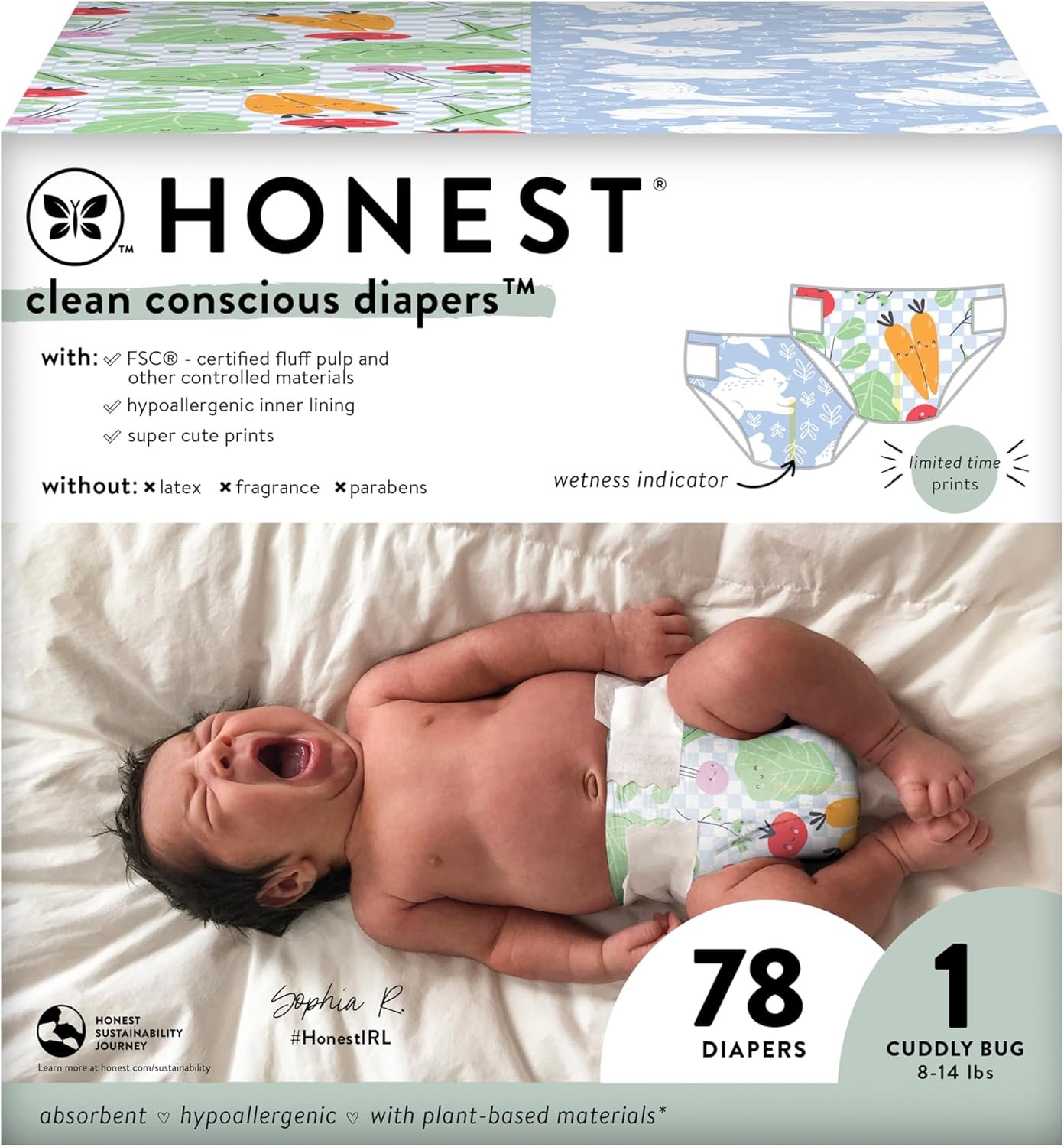 The Honest Company Clean Conscious Diapers | Plant-Based, Sustainable | Spring ’24 Limited Edition Prints | Club Box, Size 1 (8-14 lbs), 78 Count
