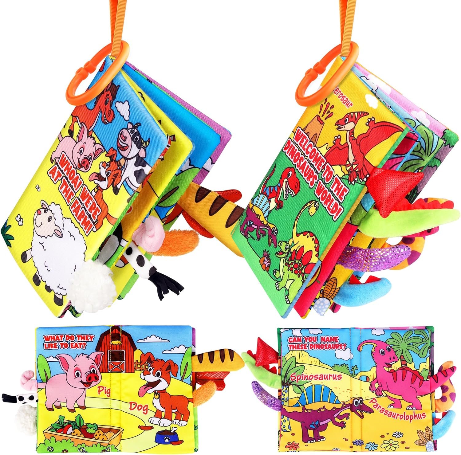 Helsort Soft Baby Books for 0-18 Months, 2PCS Crinkle Cloth Book – Dinosaur and Farm Themes, Tummy Time Toys for Infants 0-6-12-18 Months, Sensory Books for Babies, Ideal Christmas