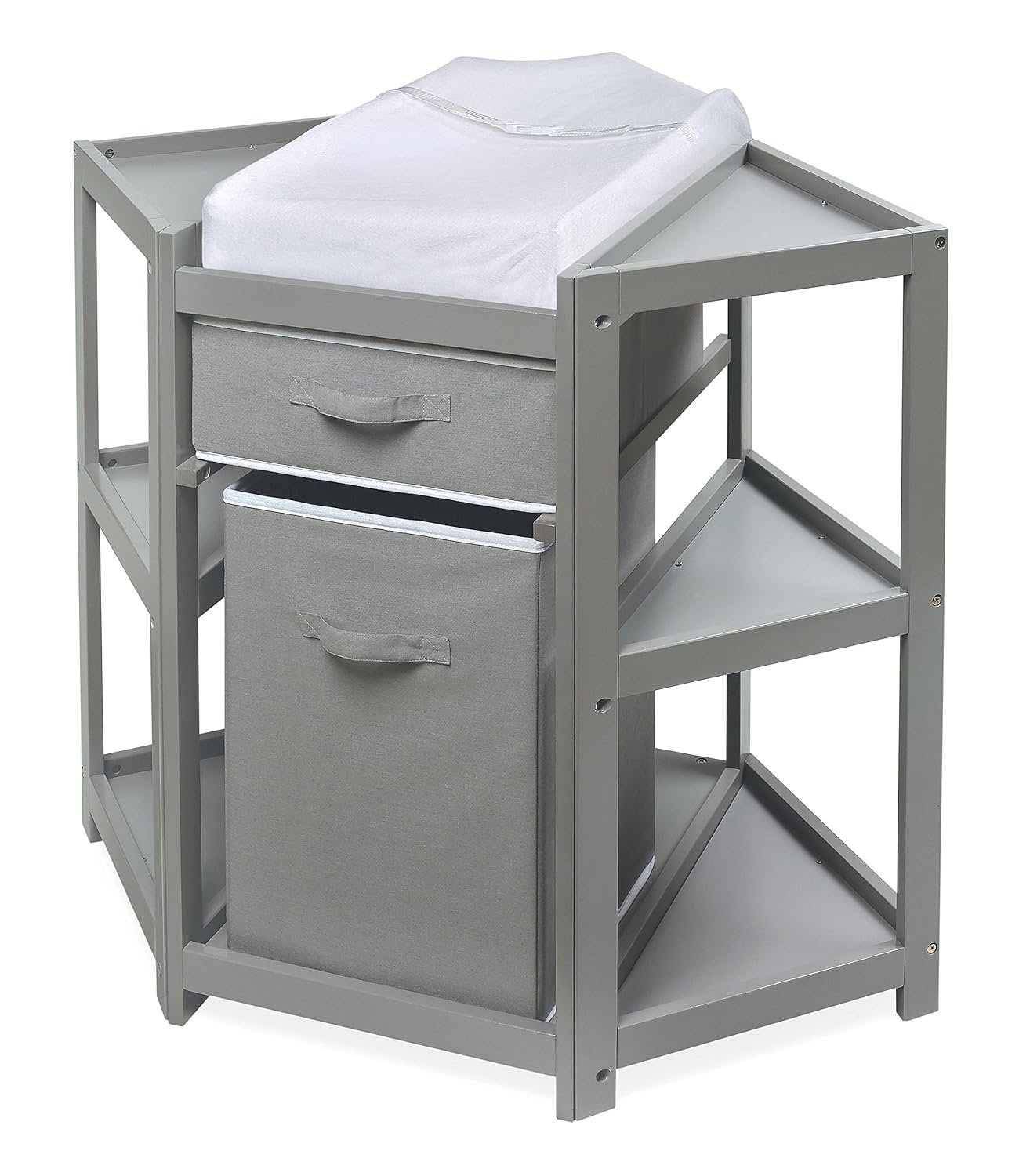 Badger Basket Corner Baby Changing Table – Space-Saving Diaper Changing Station for Nursery with Storage Bin, Changing Pad and Safety Belt – Organizer for Newborn and Infant Essentials – Gray